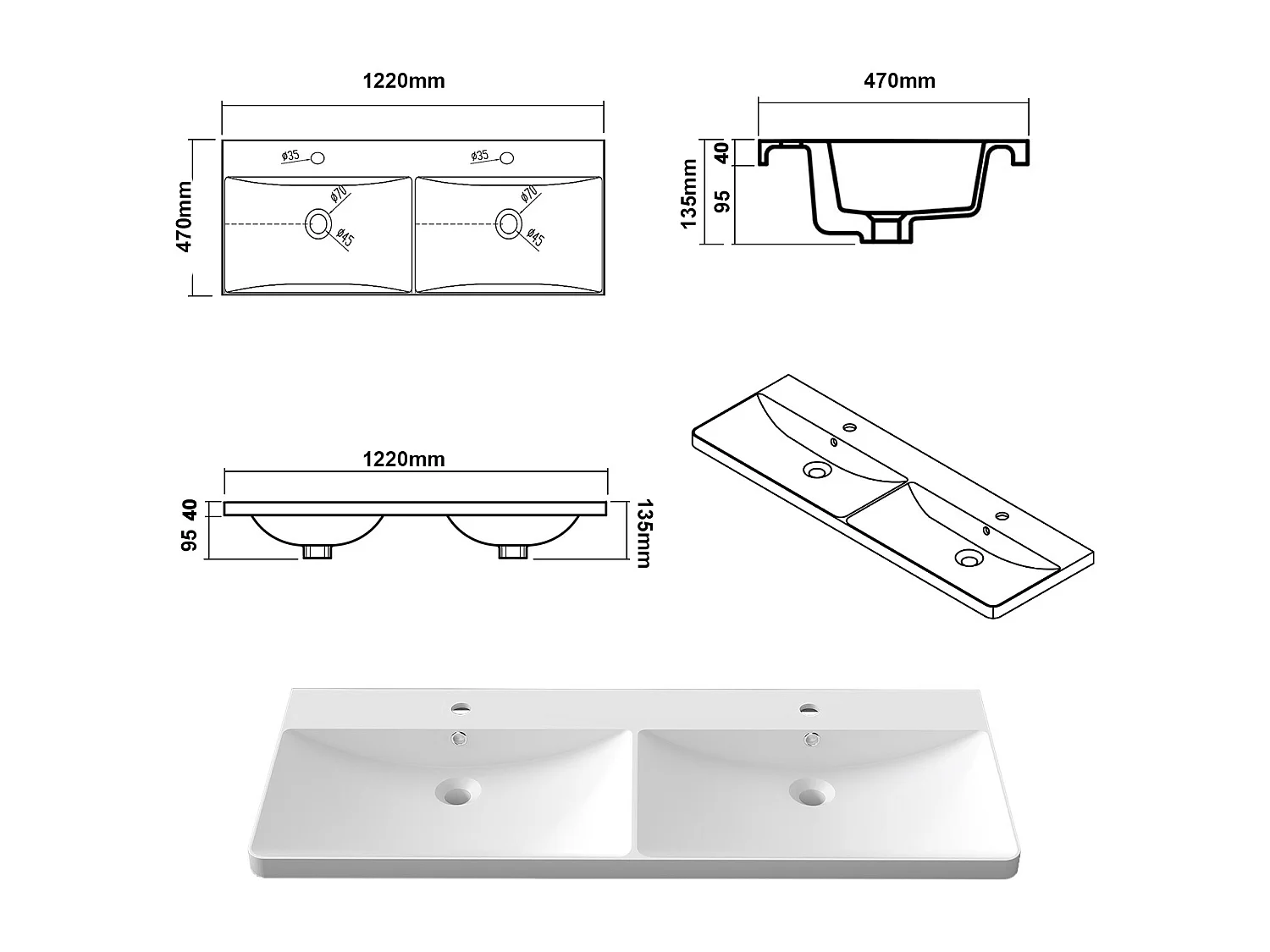 Lavabo encastré en résine effet pierre sans robinet, Dimensions : 122 cm (L) x 13.5 cm (H) x 47 cm (P), Blanc