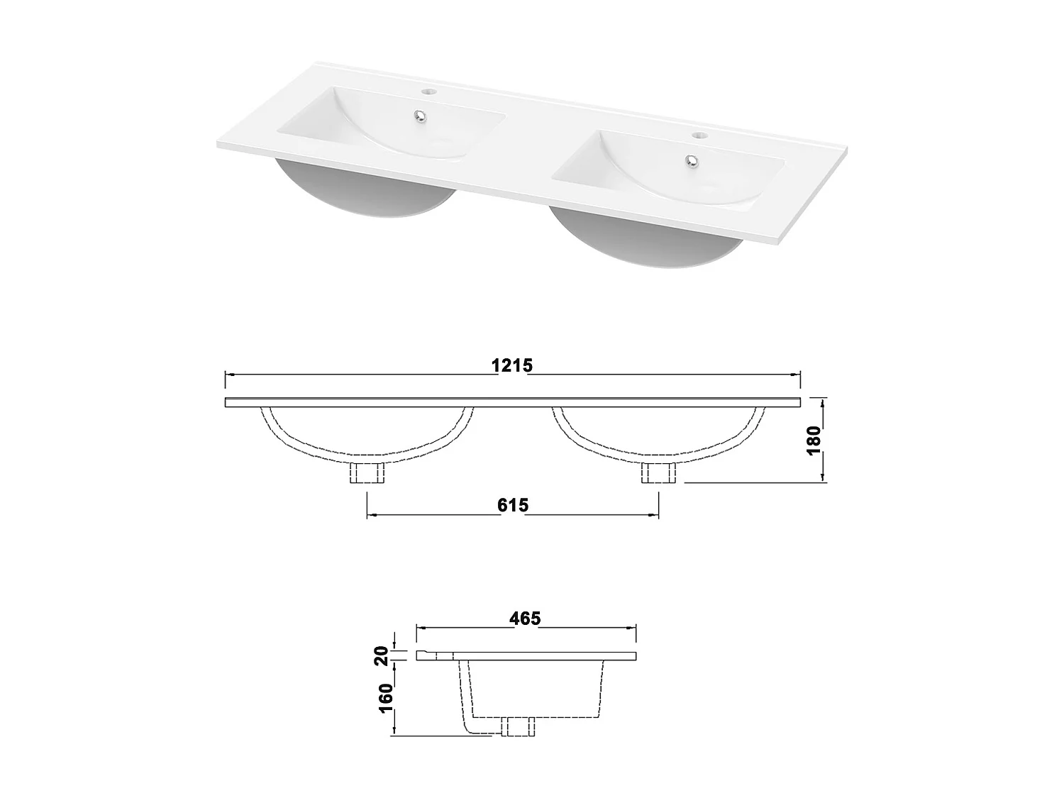 Lavabo éncastre en ceramique sans robinet, Dimensions : 121.5 cm (L) x 18 cm (H) x 46.5 cm (P), Blanc