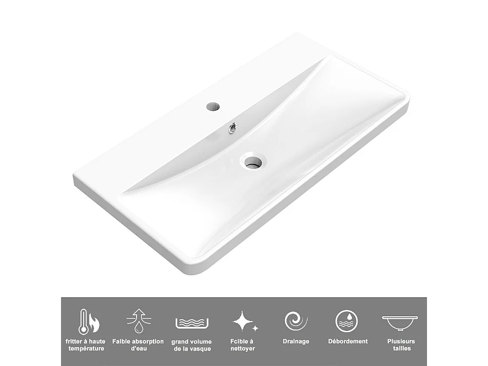 Lavabo encastré en résine effet pierre sans robinet, Dimensions : 81 cm (L) x 13.5 cm (H) x 40 cm (P), Blanc