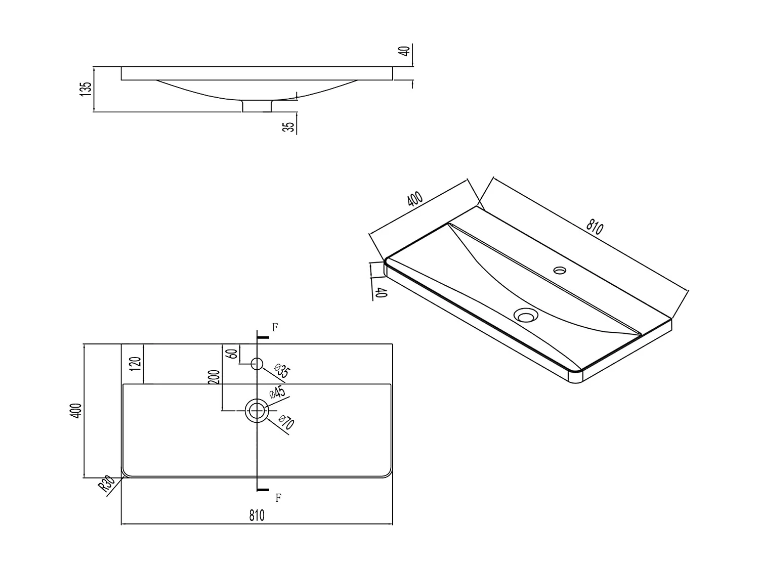 Lavabo encastré en résine effet pierre sans robinet, Dimensions : 81 cm (L) x 13.5 cm (H) x 40 cm (P), Blanc