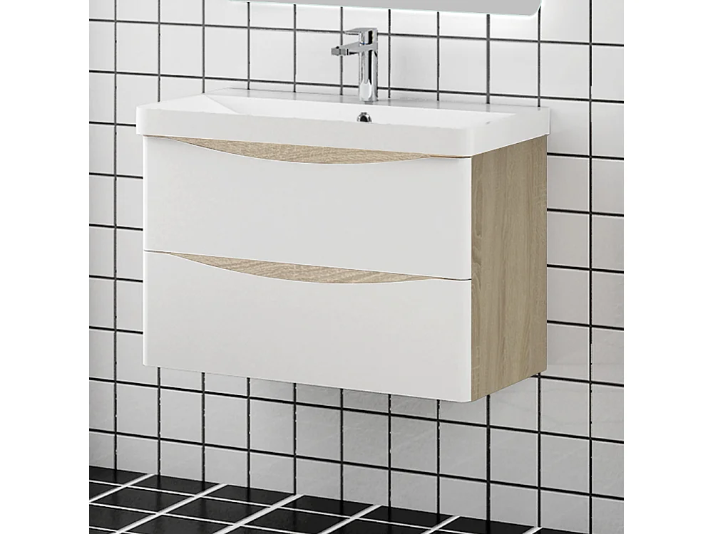 Lavabo encastré en résine effet pierre sans robinet, Dimensions : 81 cm (L) x 13.5 cm (H) x 40 cm (P), Blanc