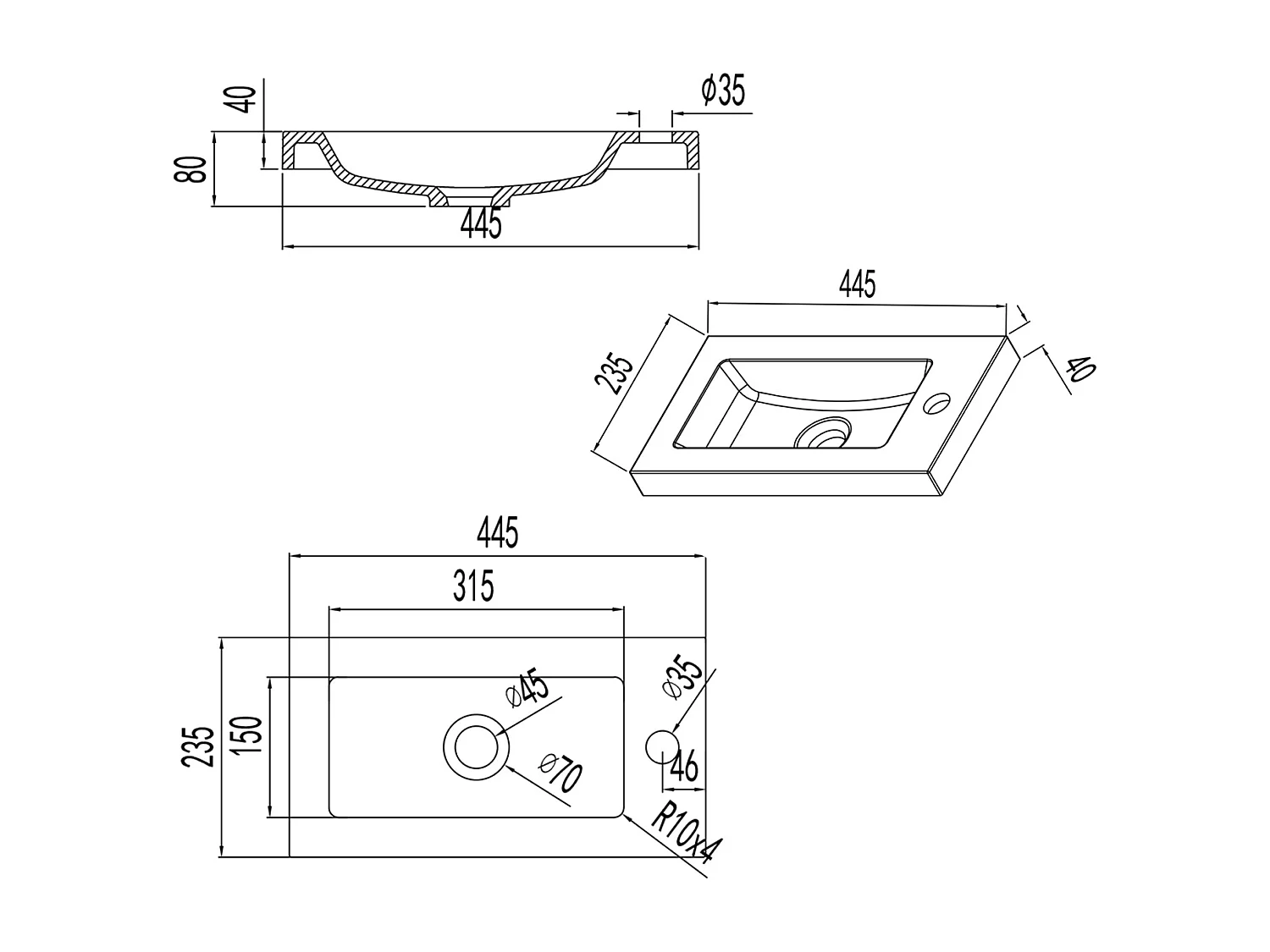 Lavabo encastré en résine effet pierre sans robinet, Dimensions : 40 cm (L) x 10 cm (H) x 40 cm (P), Blanc