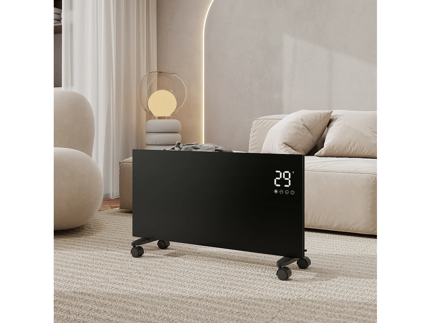 Radiateur électrique - Mobile ou mural - L85,6 x H40 x P7 cm - 2000W WiFi - Noir