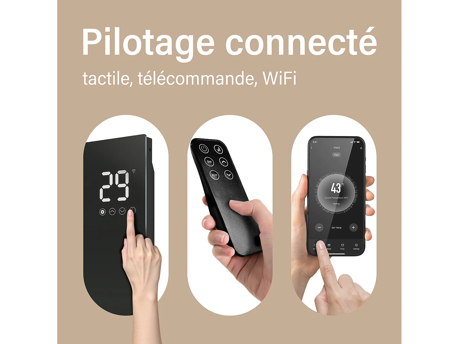 Radiateur électrique - Mobile ou mural - L48,6 x H40 x P7 cm - 1000W WiFi -Noir