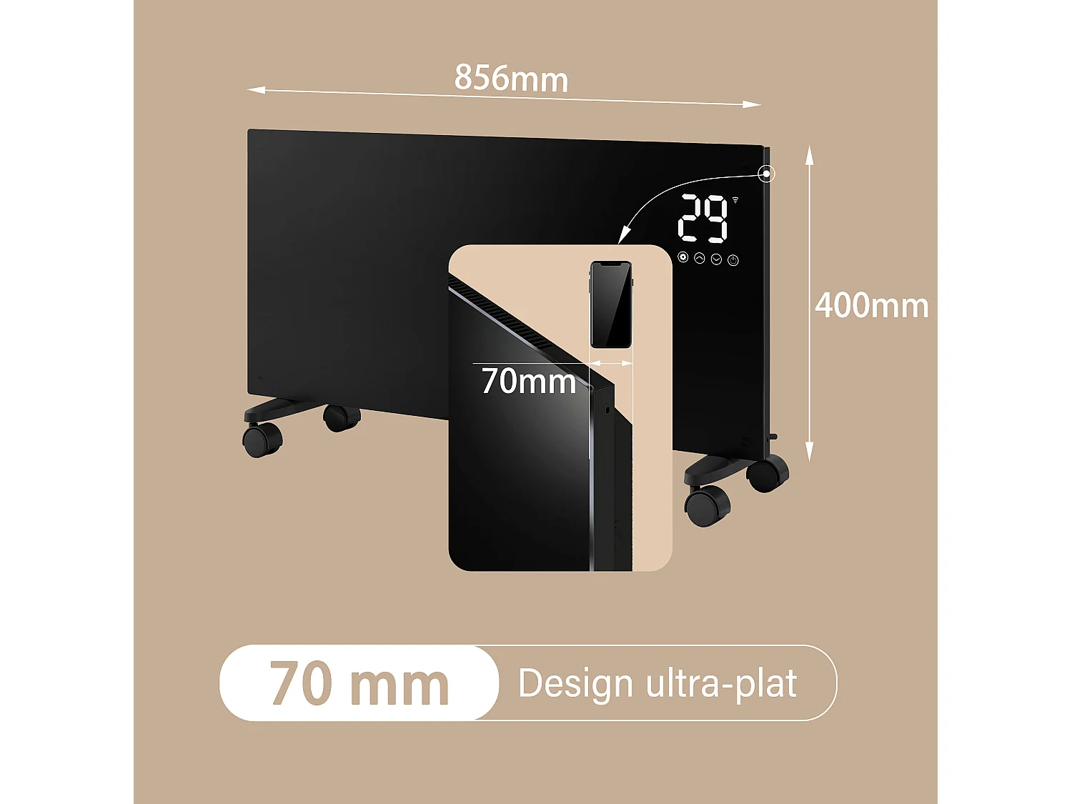 Radiateur électrique - Mobile ou mural - L62,1 x H40 x P7 cm - 1500W WiFi - Noir