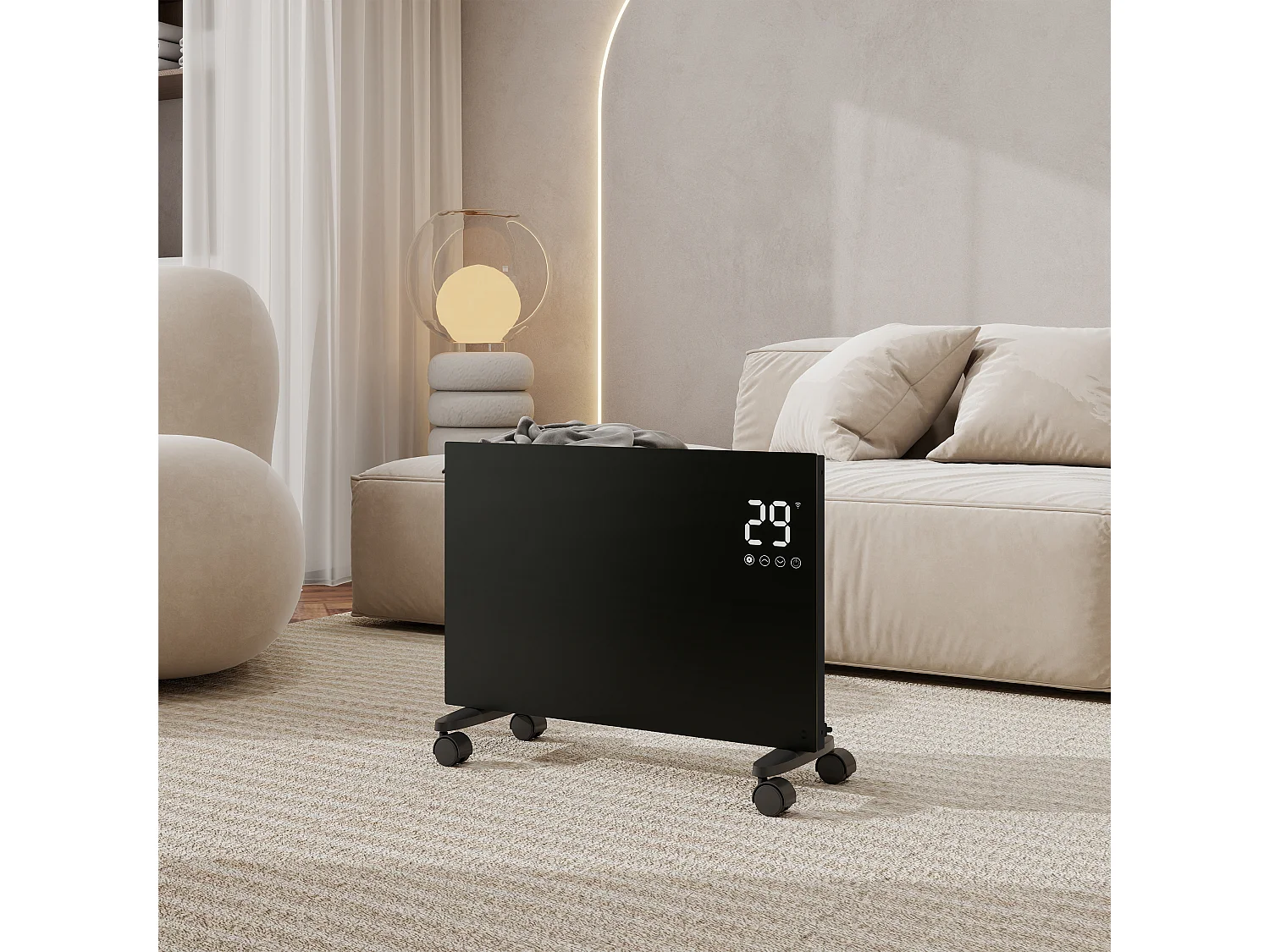 Radiateur électrique - Mobile ou mural - L62,1 x H40 x P7 cm - 1500W WiFi - Noir