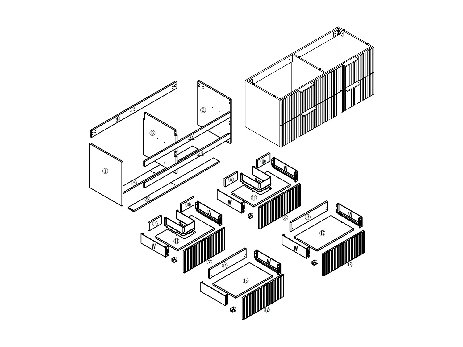 AICA SARL. Meuble de salle de bain suspendu 120 cm Noyer + 4 tiroirs, avec Poignées - sans compter vasque