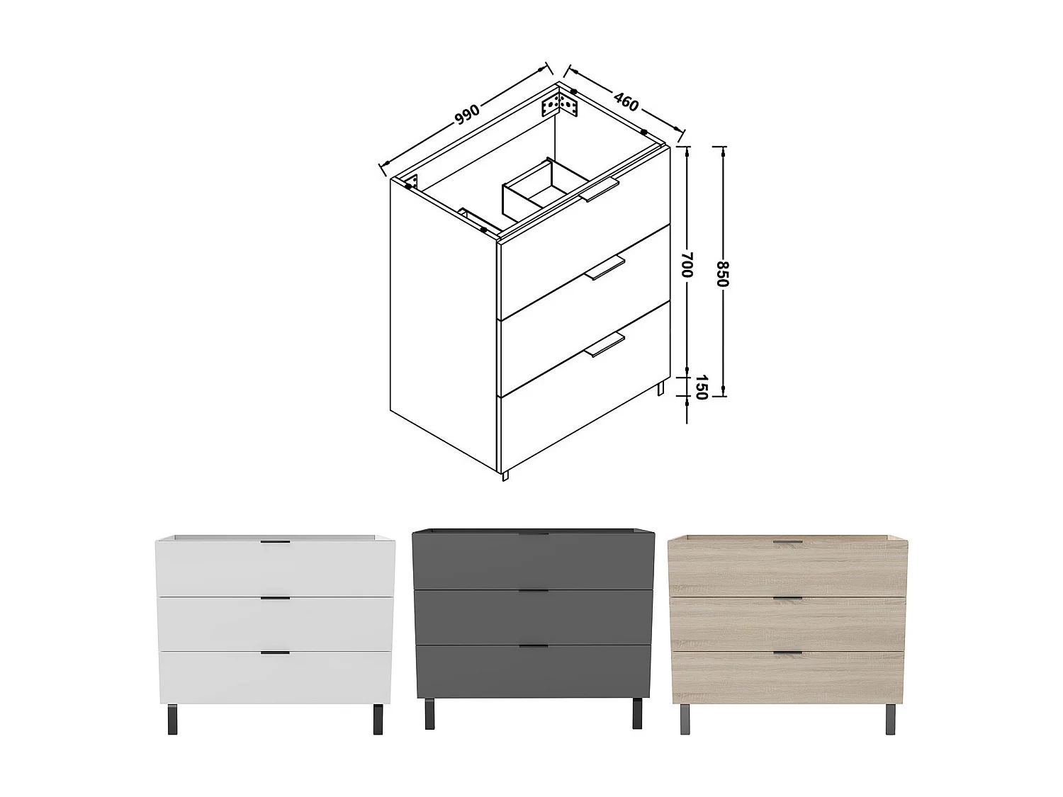 AICA SARL. Meuble de salle de bain mural avec pieds, sans lavabo, 100 cm, 3 tiroirs - Blanc