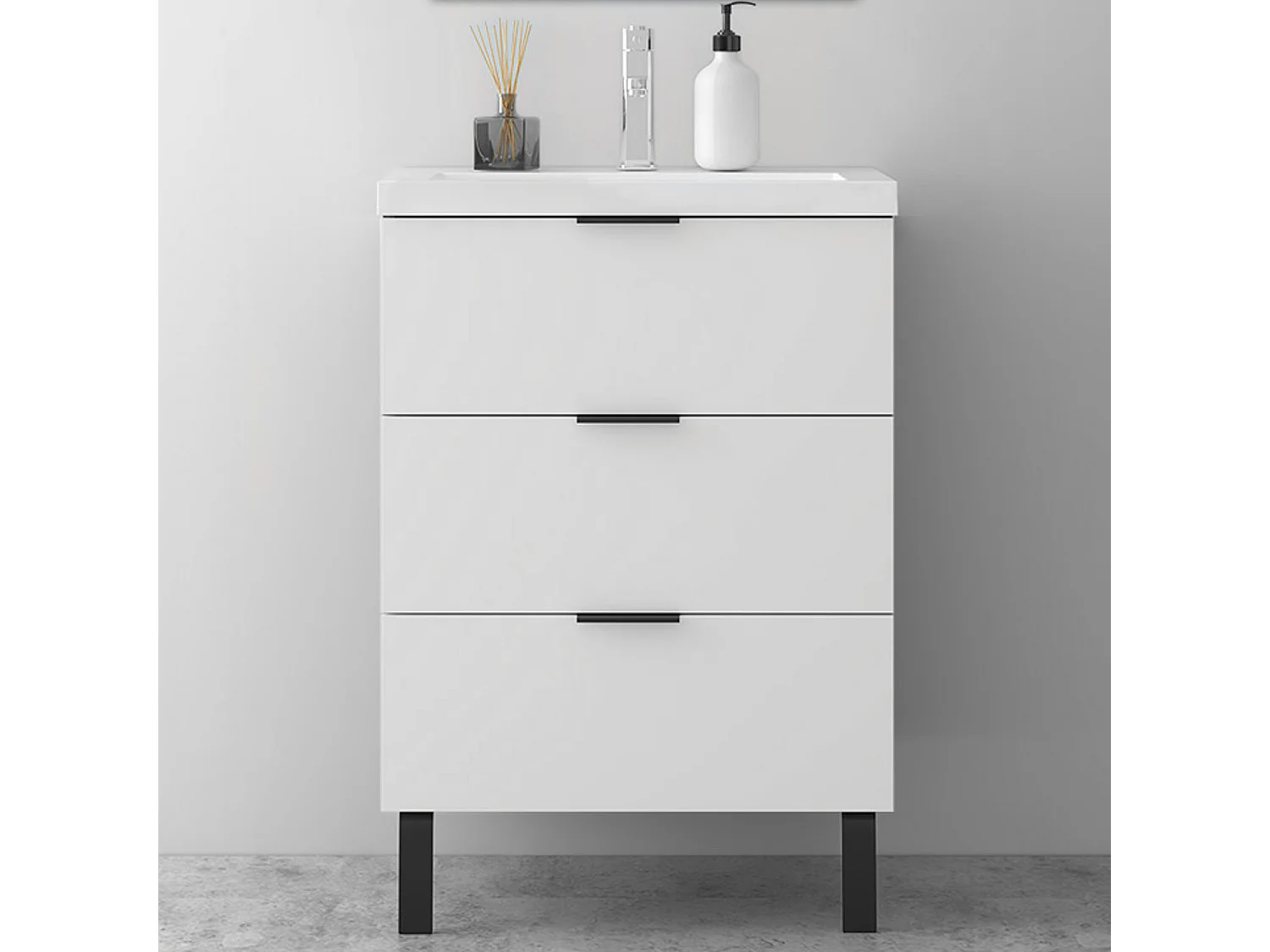 AICA SARL. Meuble de salle de bain mural avec pieds, sans lavabo, 60 cm, 3 tiroirs - Blanc