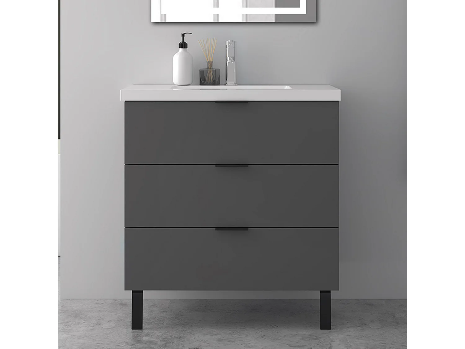 AICA SARL. Meuble de salle de bain mural avec pieds, sans lavabo, 80 cm, 3 tiroirs - Anthracite