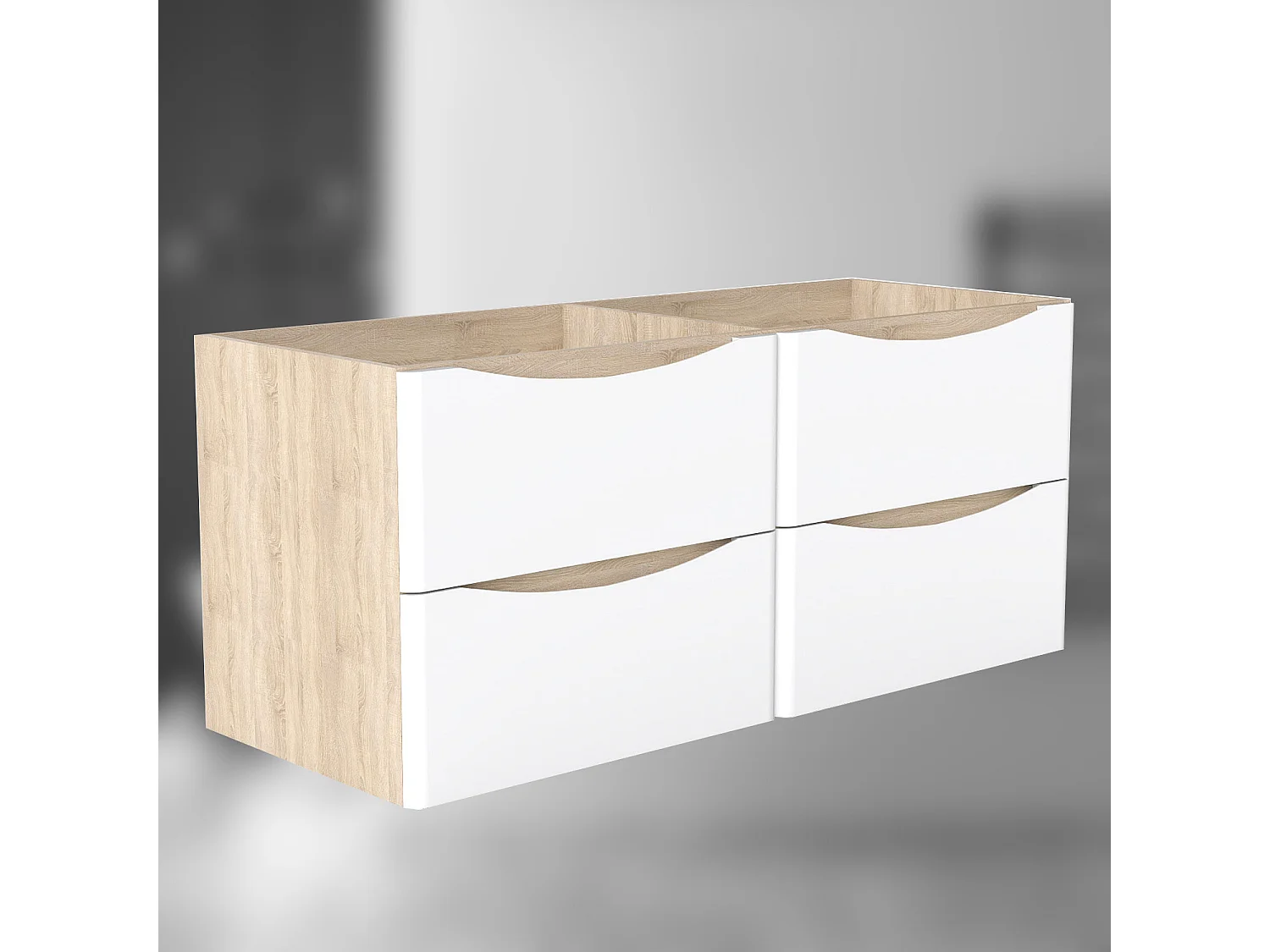 AICA SARL. Meuble de salle de bain suspendu 120 cm Brillant + 4 tiroirs, Blanc et Chêne - sans compter vasque