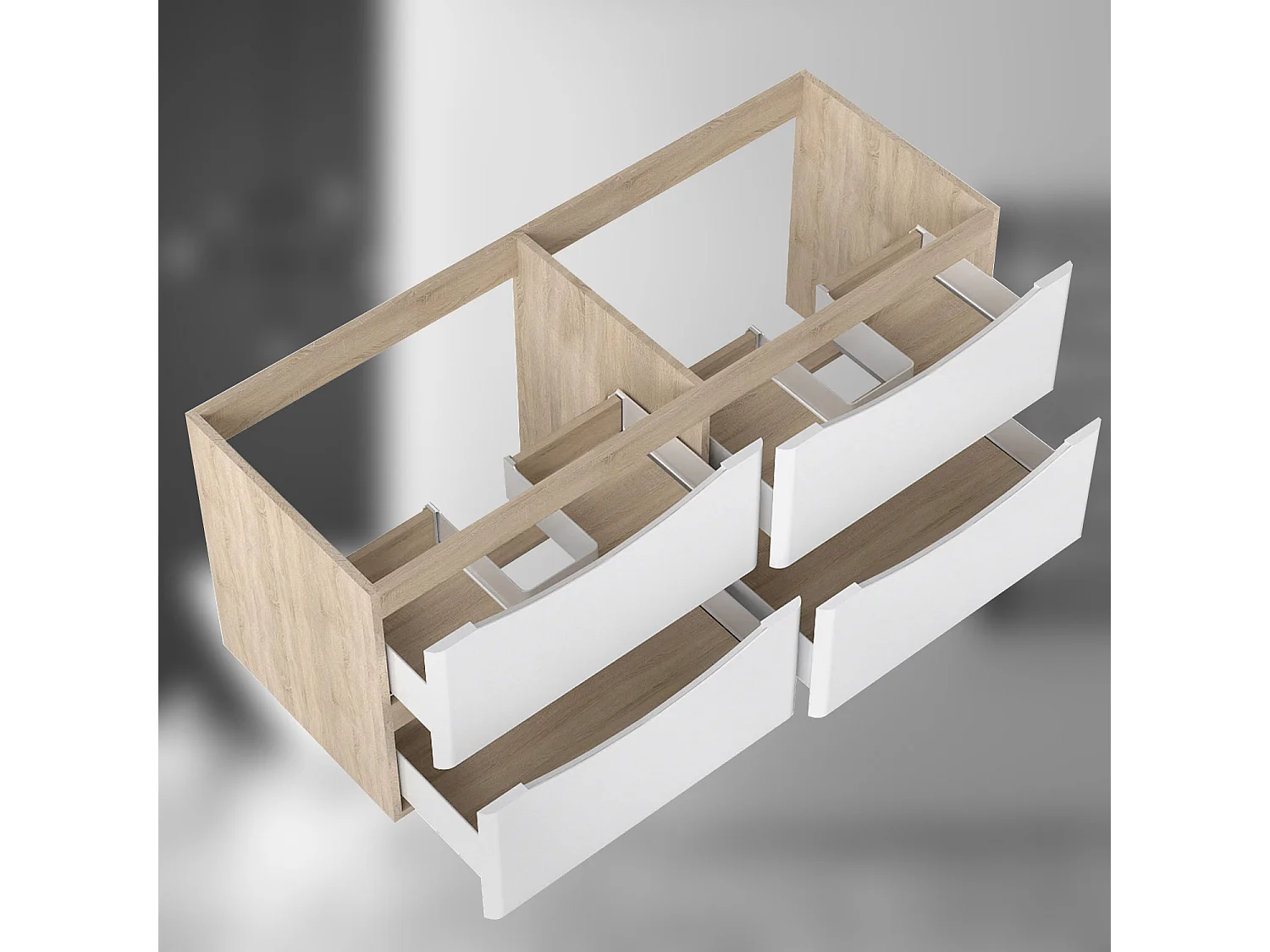 AICA SARL. Meuble de salle de bain suspendu 120 cm Brillant + 4 tiroirs, Blanc et Chêne - sans compter vasque