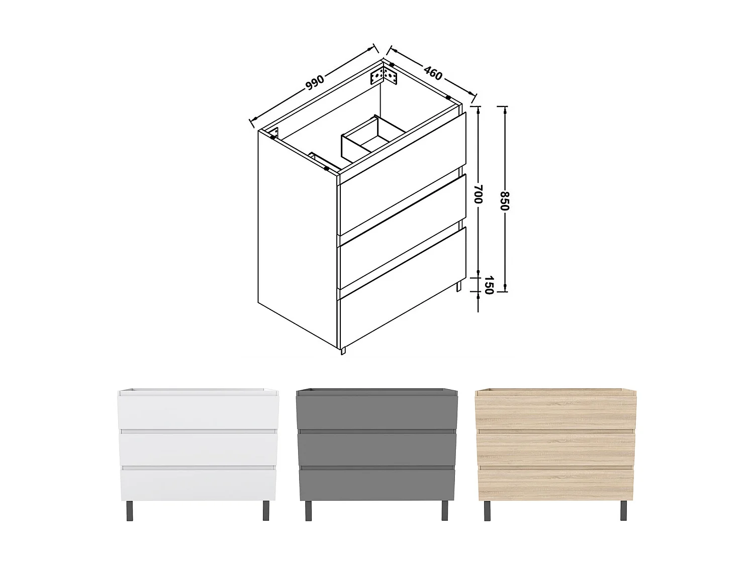 AICA SARL. Meuble de Salle de Bain 100cm avec 3 tiroirs + 2 Pieds, Meuble sans vasque, Anthracite