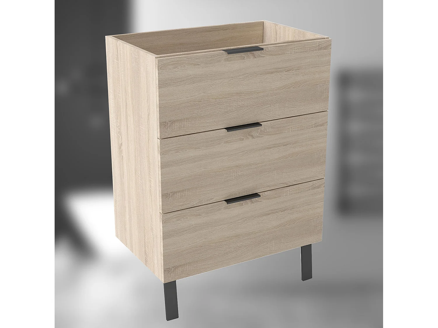 AICA SARL. Meuble de salle de bain mural avec pieds, sans lavabo, 60 cm, 3 tiroirs - Chêne