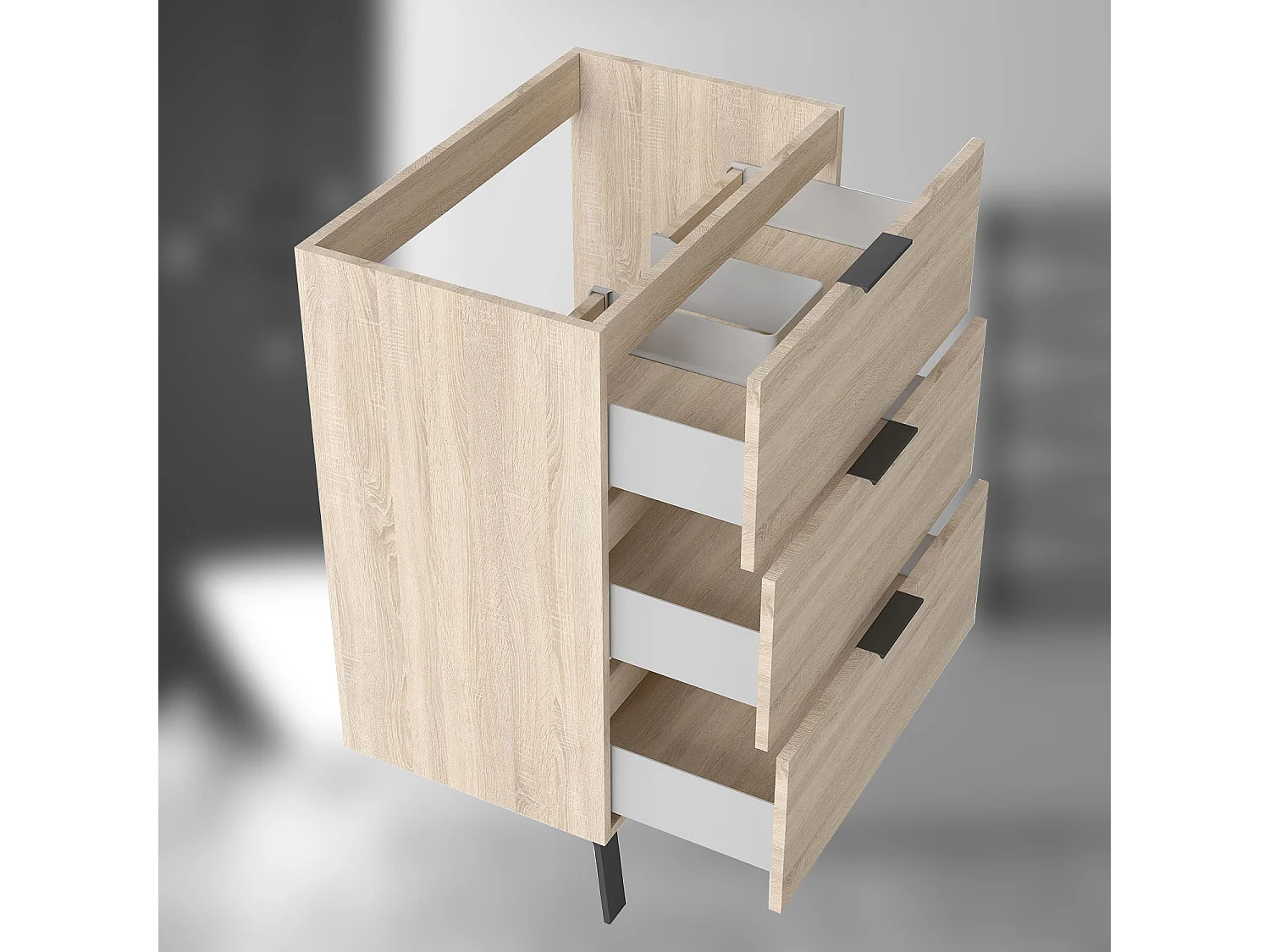 AICA SARL. Meuble de salle de bain mural avec pieds, sans lavabo, 60 cm, 3 tiroirs - Chêne