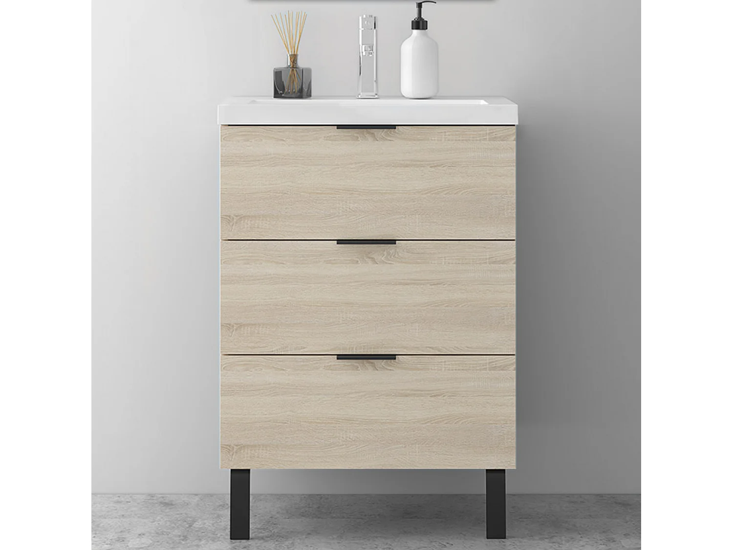AICA SARL. Meuble de salle de bain mural avec pieds, sans lavabo, 60 cm, 3 tiroirs - Chêne