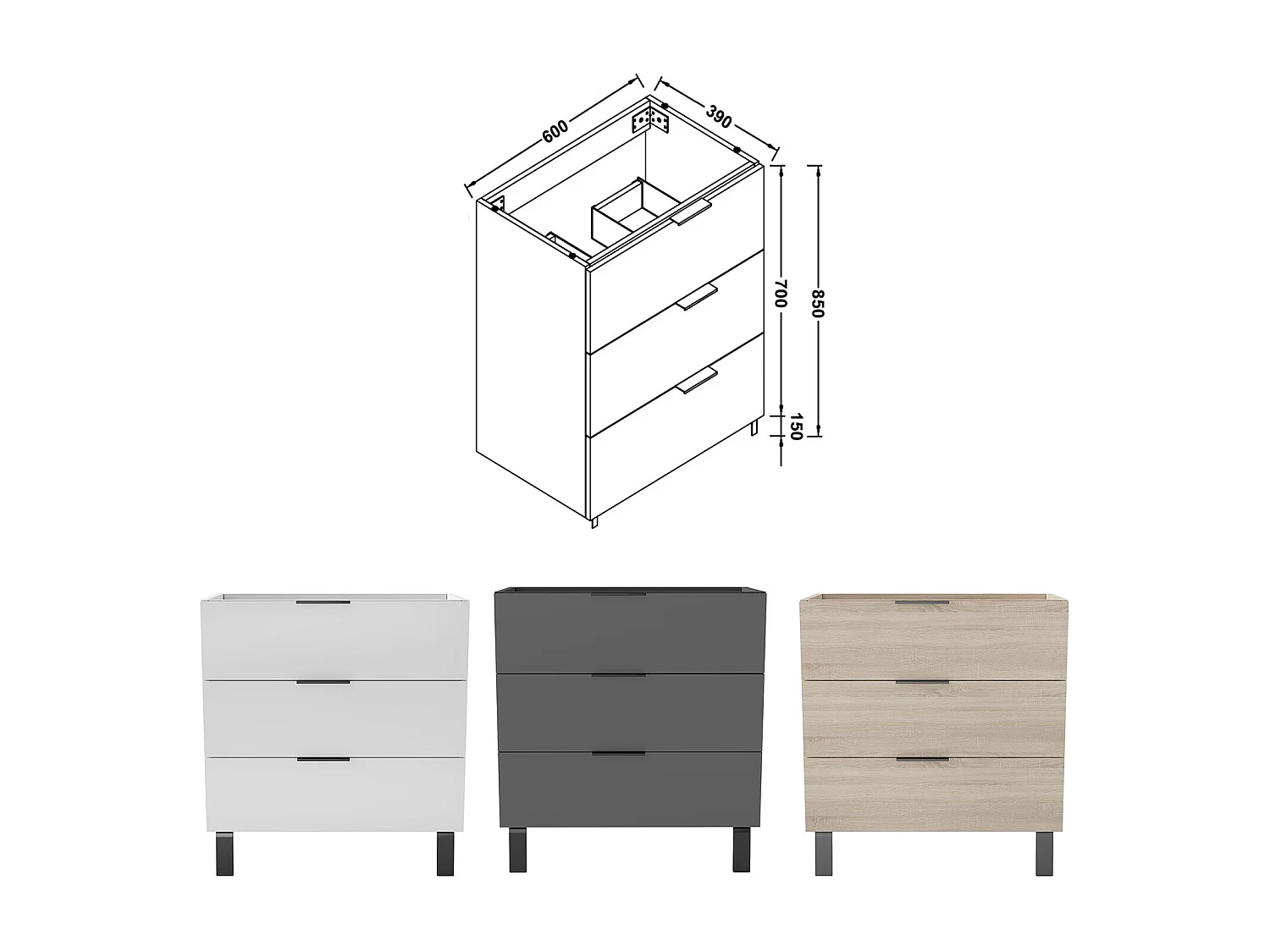 AICA SARL. Meuble de salle de bain mural avec pieds, sans lavabo, 60 cm, 3 tiroirs - Chêne