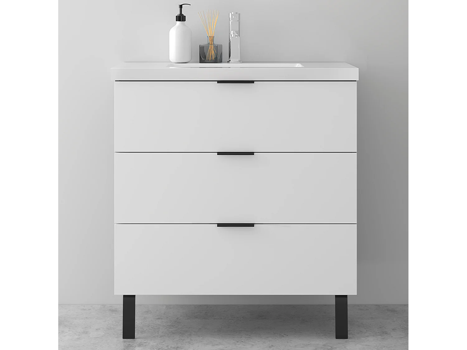 AICA SARL. Meuble de salle de bain mural avec pieds, sans lavabo, 80 cm, 3 tiroirs - Blanc