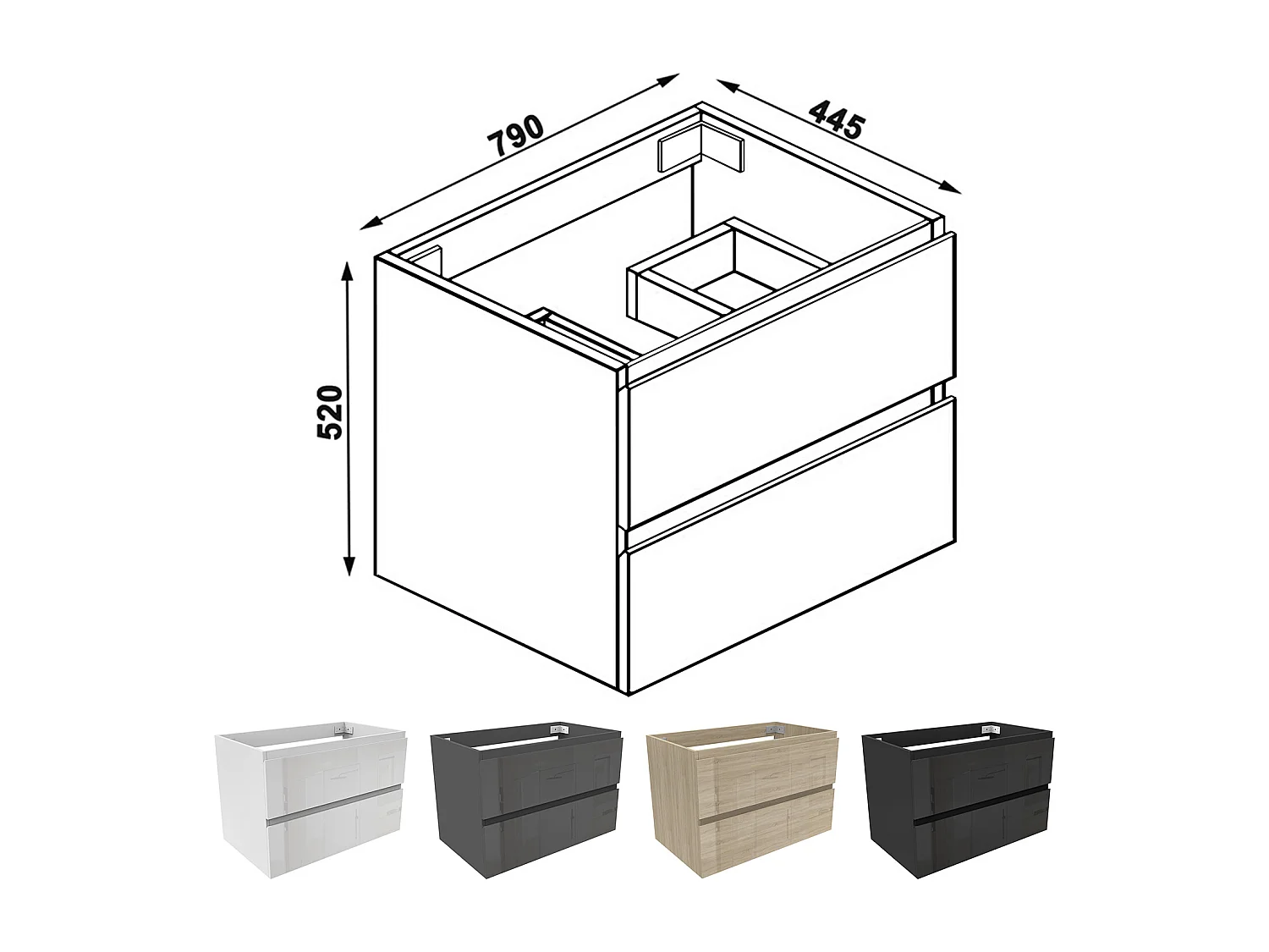 AICA SARL. Meuble de salle de bain design suspendu, 80 cm, 2 tiroirs de rangement sans lavabo - Chêne brillant