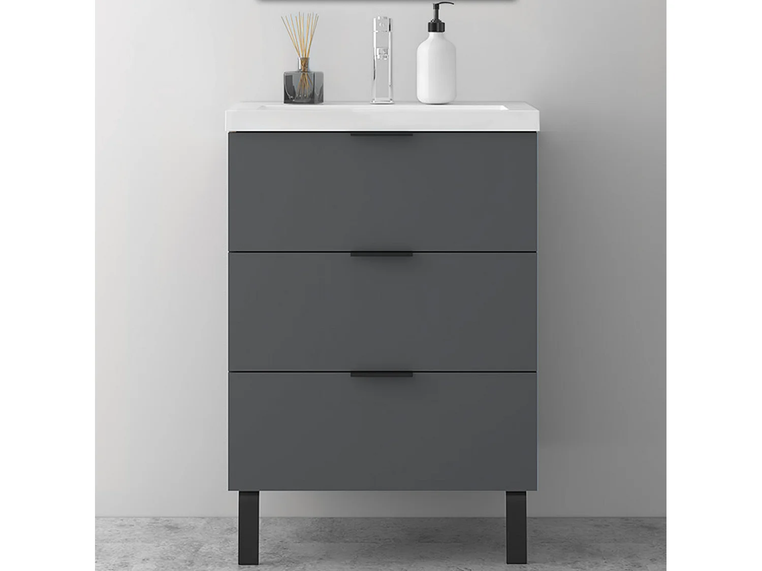 AICA SARL. Meuble de salle de bain mural avec pieds, sans lavabo, 60 cm, 3 tiroirs - Anthracite
