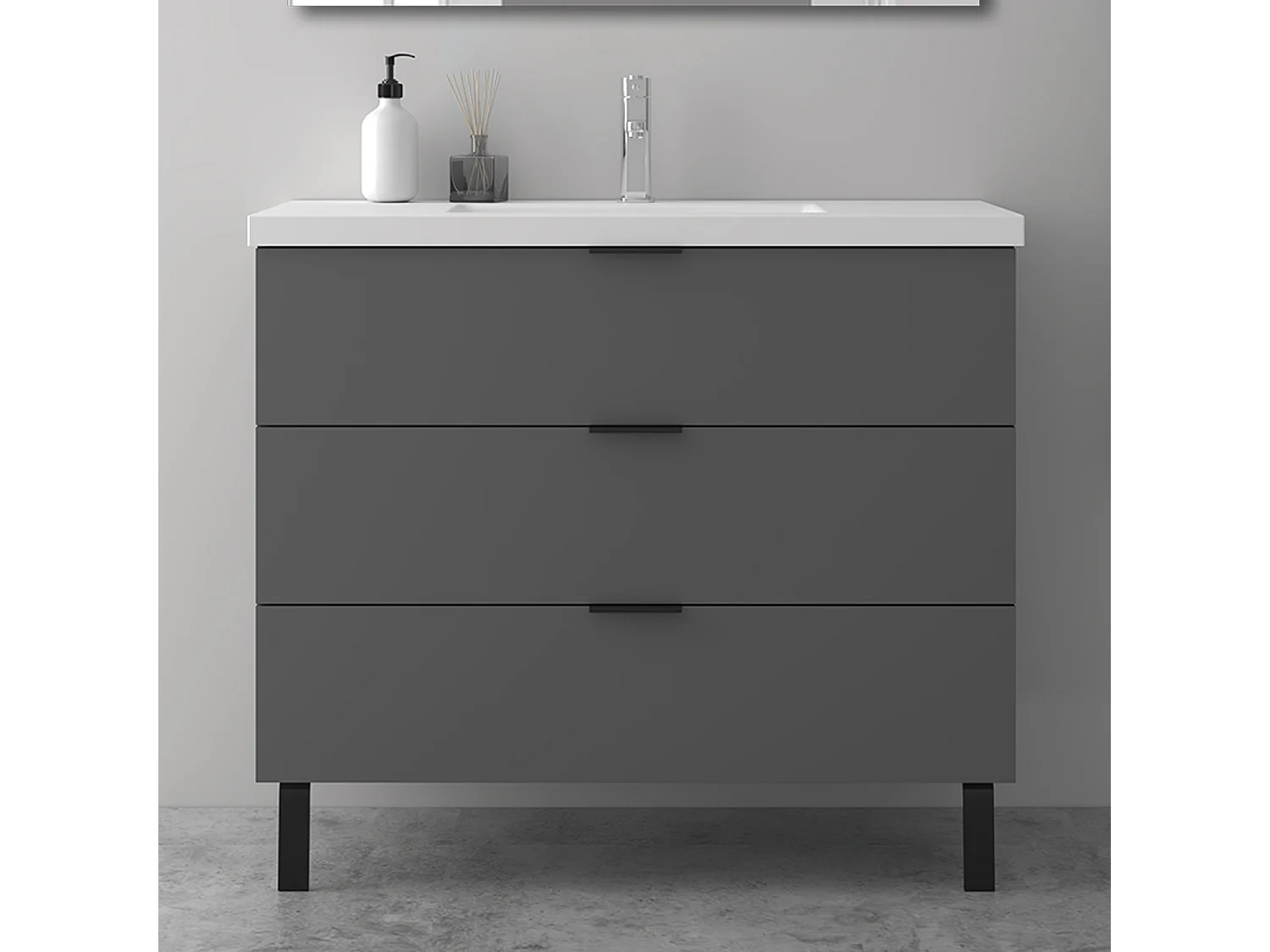 AICA SARL. Meuble de salle de bain mural avec pieds, sans lavabo, 100 cm, 3 tiroirs - Anthracite