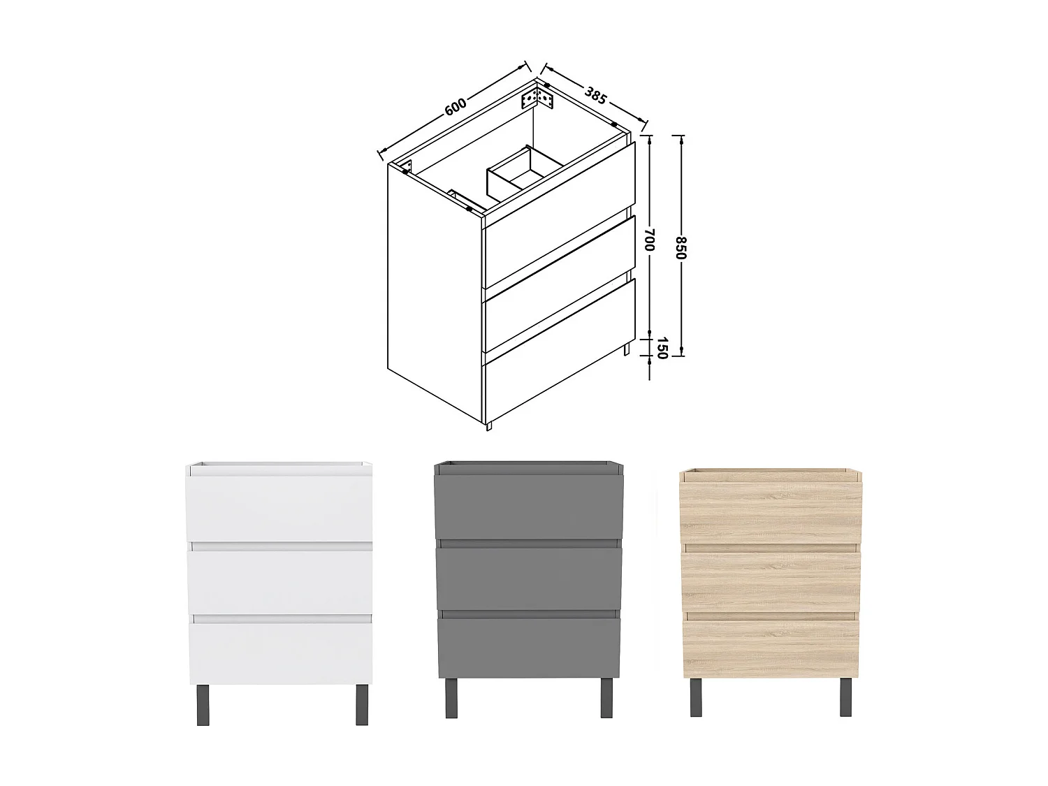 AICA SARL. Meuble de Salle de Bain 60cm avec 3 tiroirs + 2 Pieds, Meuble sans vasque, Chêne