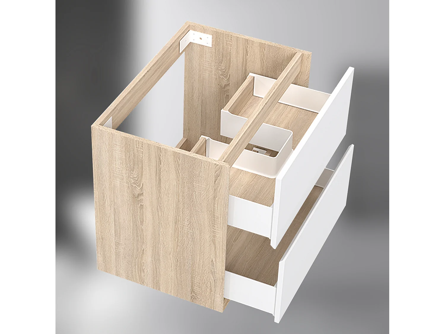 AICA SARL. Meuble sous vasque suspendu 60 cm + 2 tiroirs, Blanc et Chêne, sans compter lavabo