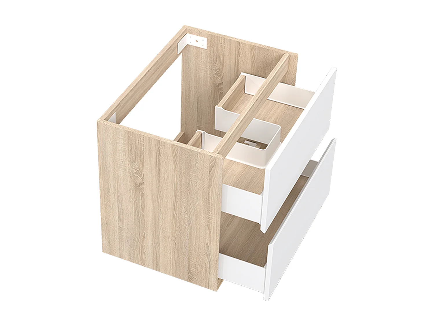 AICA SARL. Meuble sous vasque suspendu 60 cm + 2 tiroirs, Blanc et Chêne, sans compter lavabo