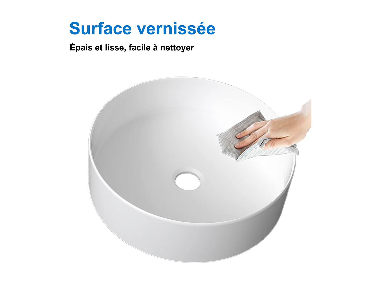 Lavabo à poser en ceramique sans robinet, Rond, Dimensions : 35.2 cm (L) x 11.5 cm (H) x 35.2 cm (P), Blanc