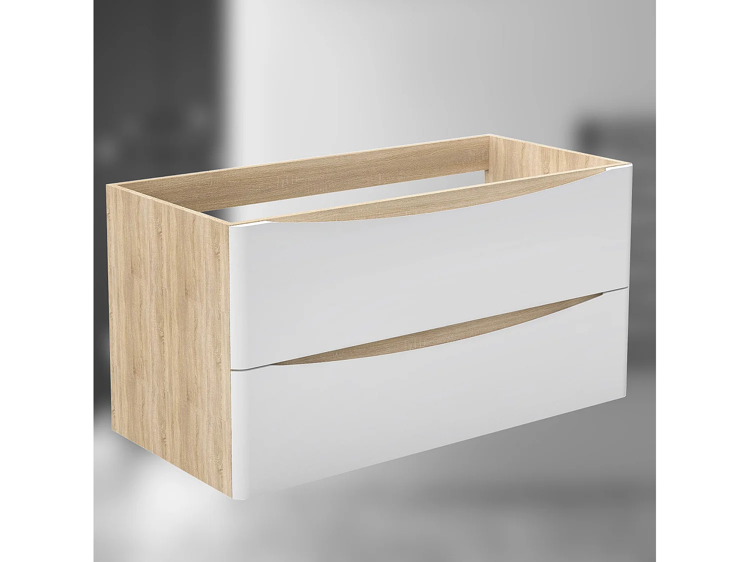 AICA SARL. Meuble de salle de bain suspendu 100 cm Brillant + 2 tiroirs, Blanc et Chêne - sans compter vasque
