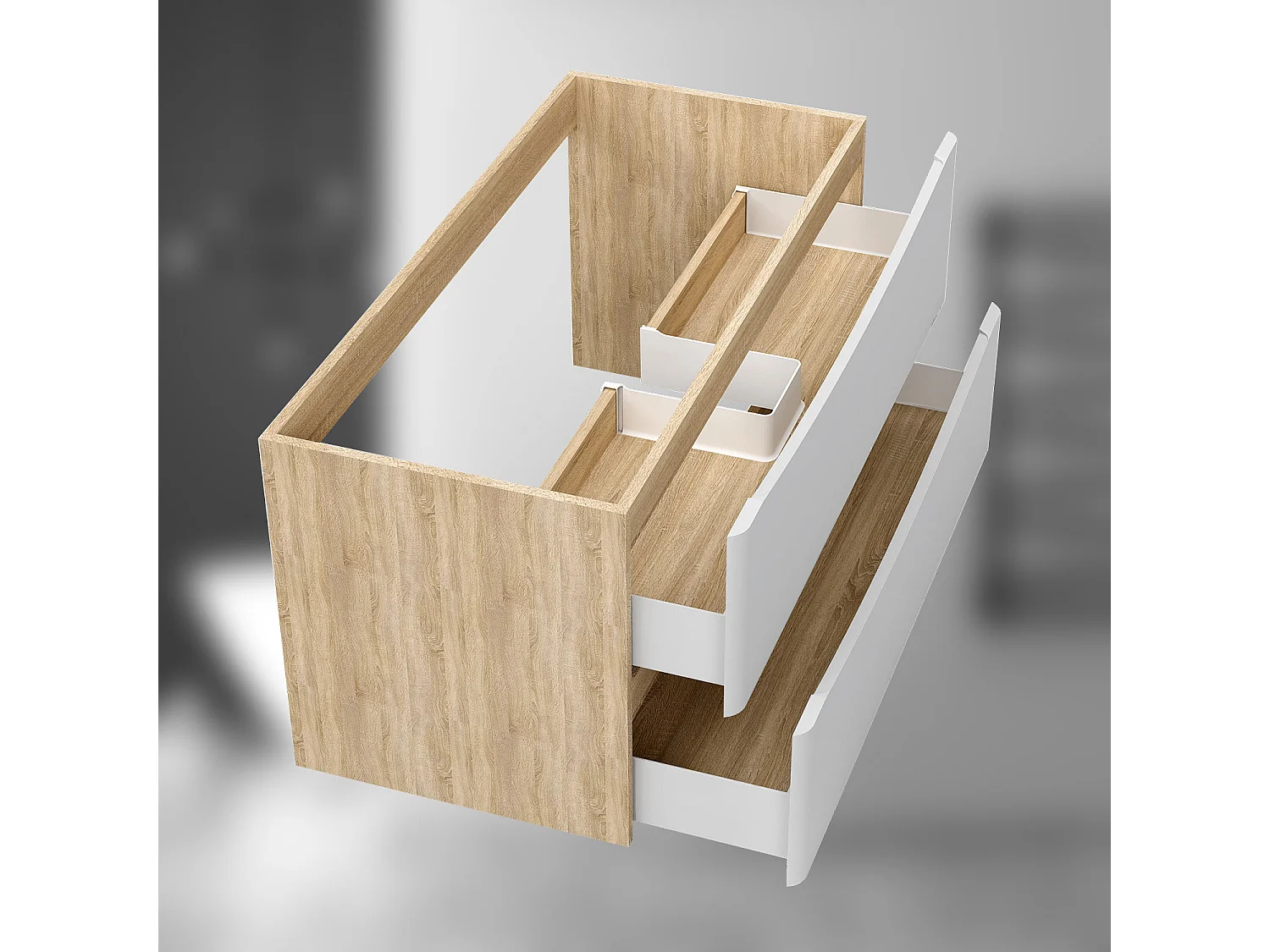 AICA SARL. Meuble de salle de bain suspendu 100 cm Brillant + 2 tiroirs, Blanc et Chêne - sans compter vasque