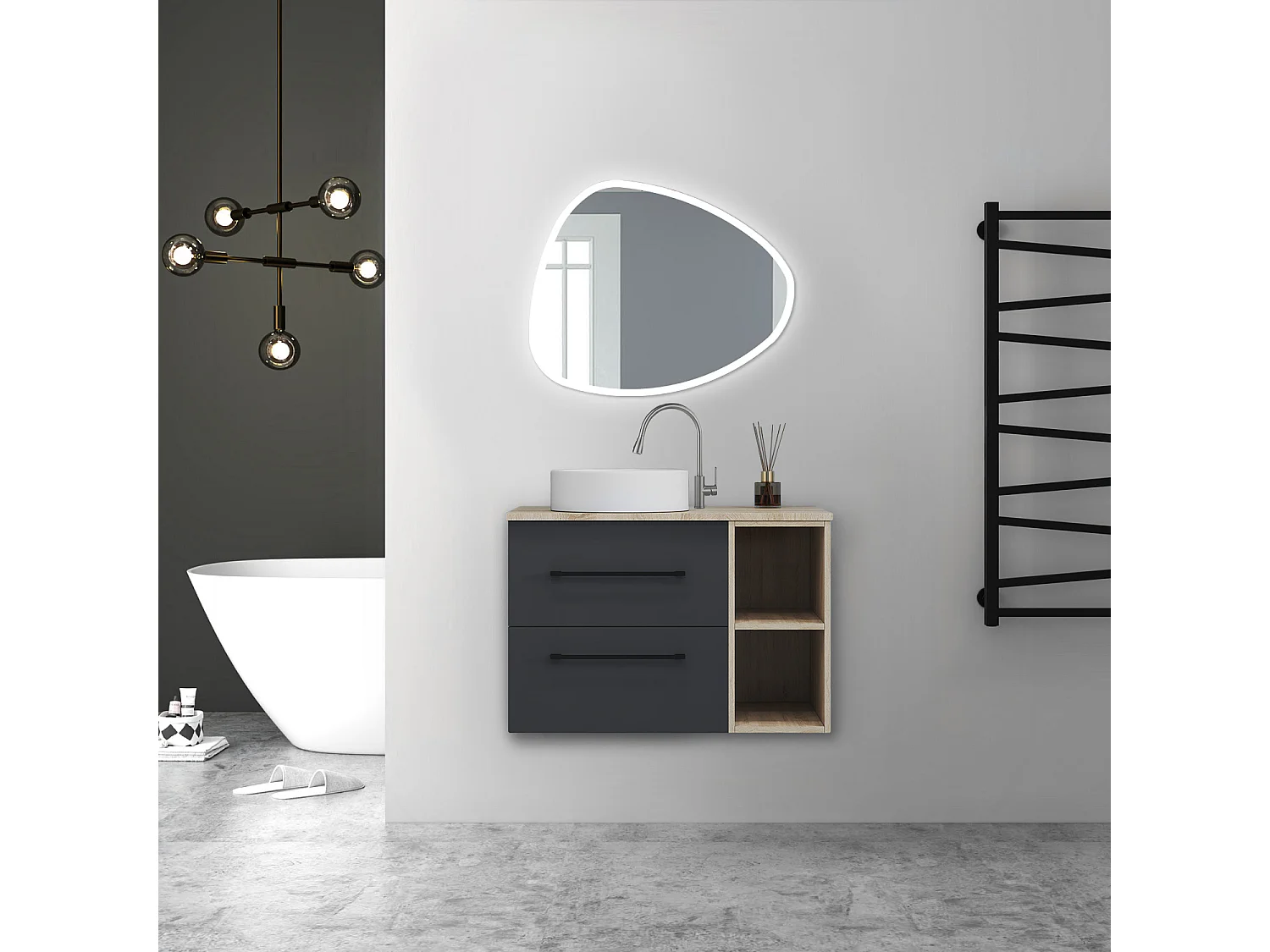 AICA SARL. Meuble de Salle de Bain  suspendu, 2 Tiroirs + Rangements Ouverts, 80x46x52cm, Chêne + Anthracite, Sans Compter Vasque