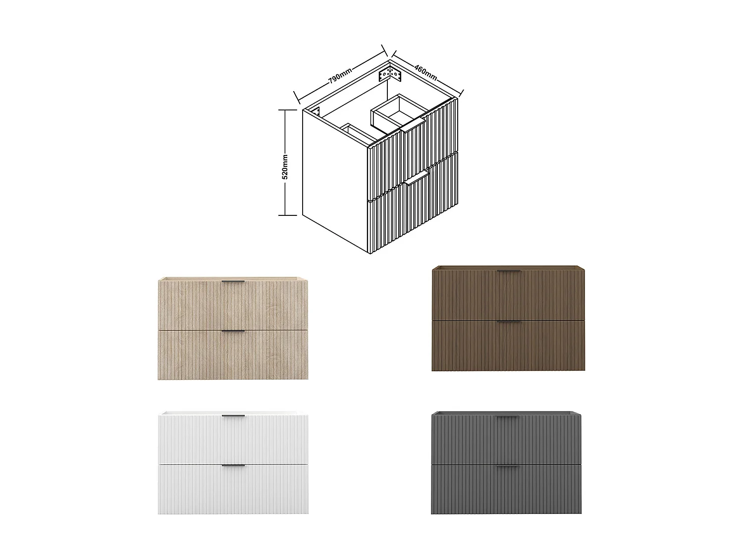 AICA SARL. Meuble de salle de bain suspendu 80 cm Noyer + 2 tiroirs, avec Poignées - sans compter vasque