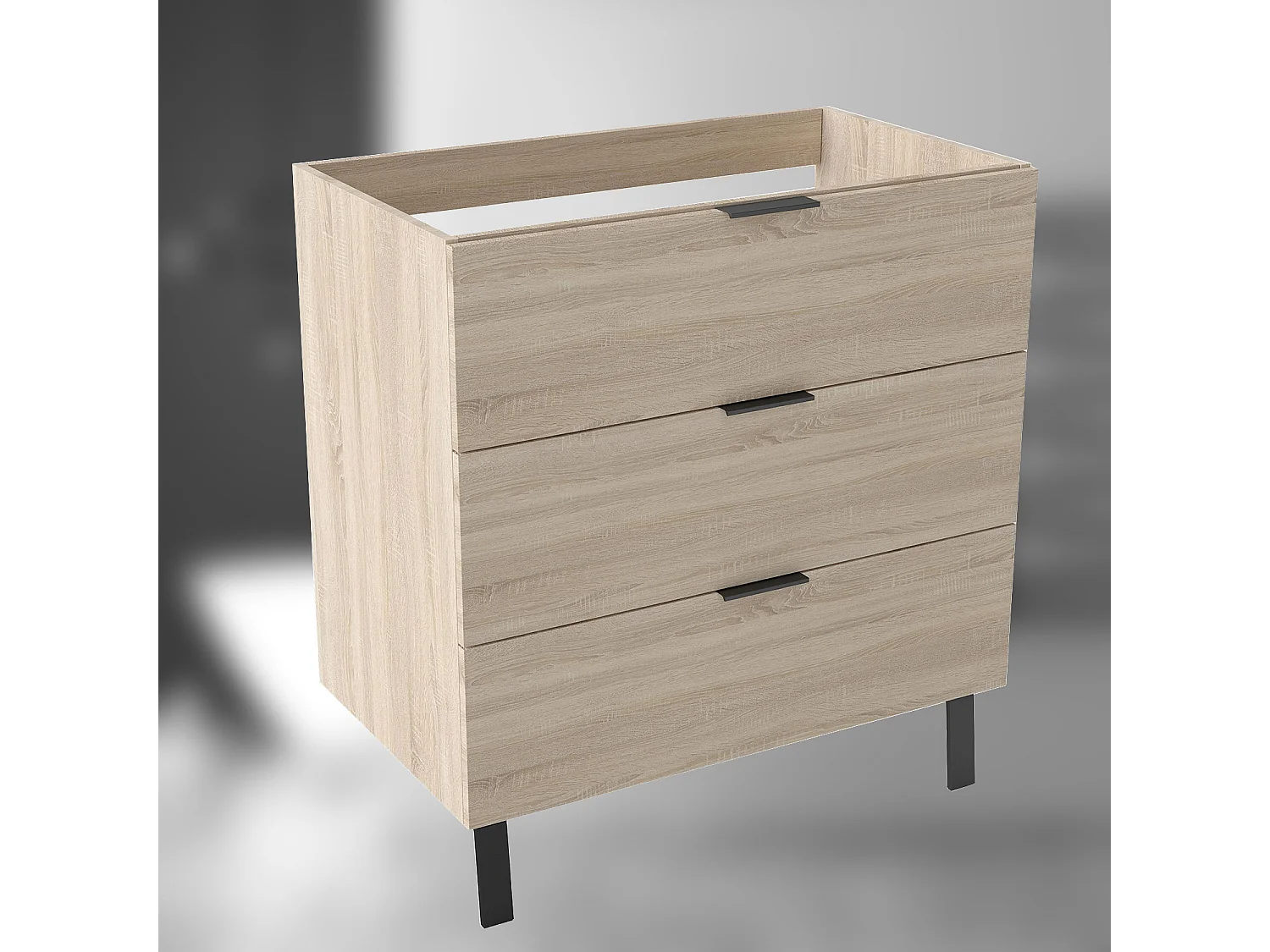 AICA SARL. Meuble de salle de bain mural avec pieds, sans lavabo, 80 cm, 3 tiroirs - Chêne