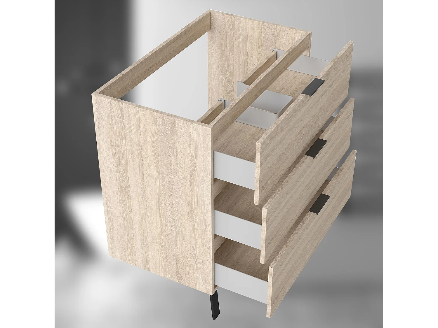 AICA SARL. Meuble de salle de bain mural avec pieds, sans lavabo, 80 cm, 3 tiroirs - Chêne