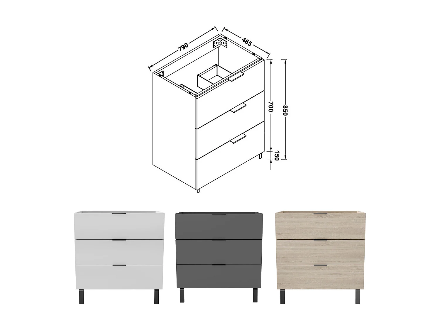 AICA SARL. Meuble de salle de bain mural avec pieds, sans lavabo, 80 cm, 3 tiroirs - Chêne