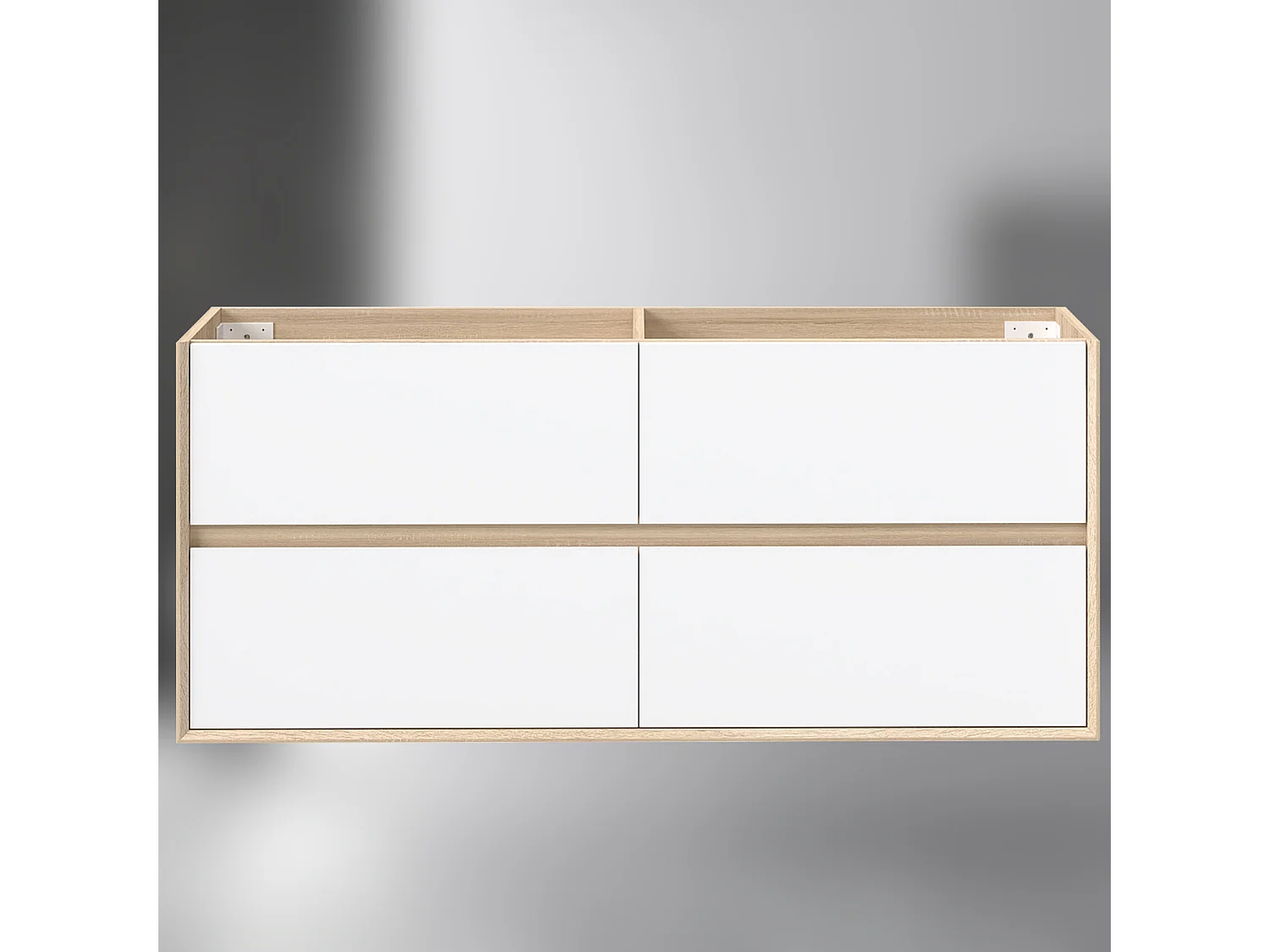 AICA SARL. Meuble sous vasque suspendu 120 cm + 4 tiroirs, Blanc et Chêne, sans compter lavabo