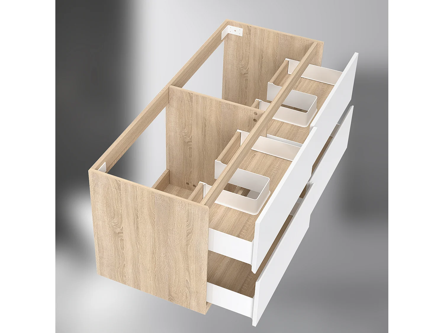 AICA SARL. Meuble sous vasque suspendu 120 cm + 4 tiroirs, Blanc et Chêne, sans compter lavabo