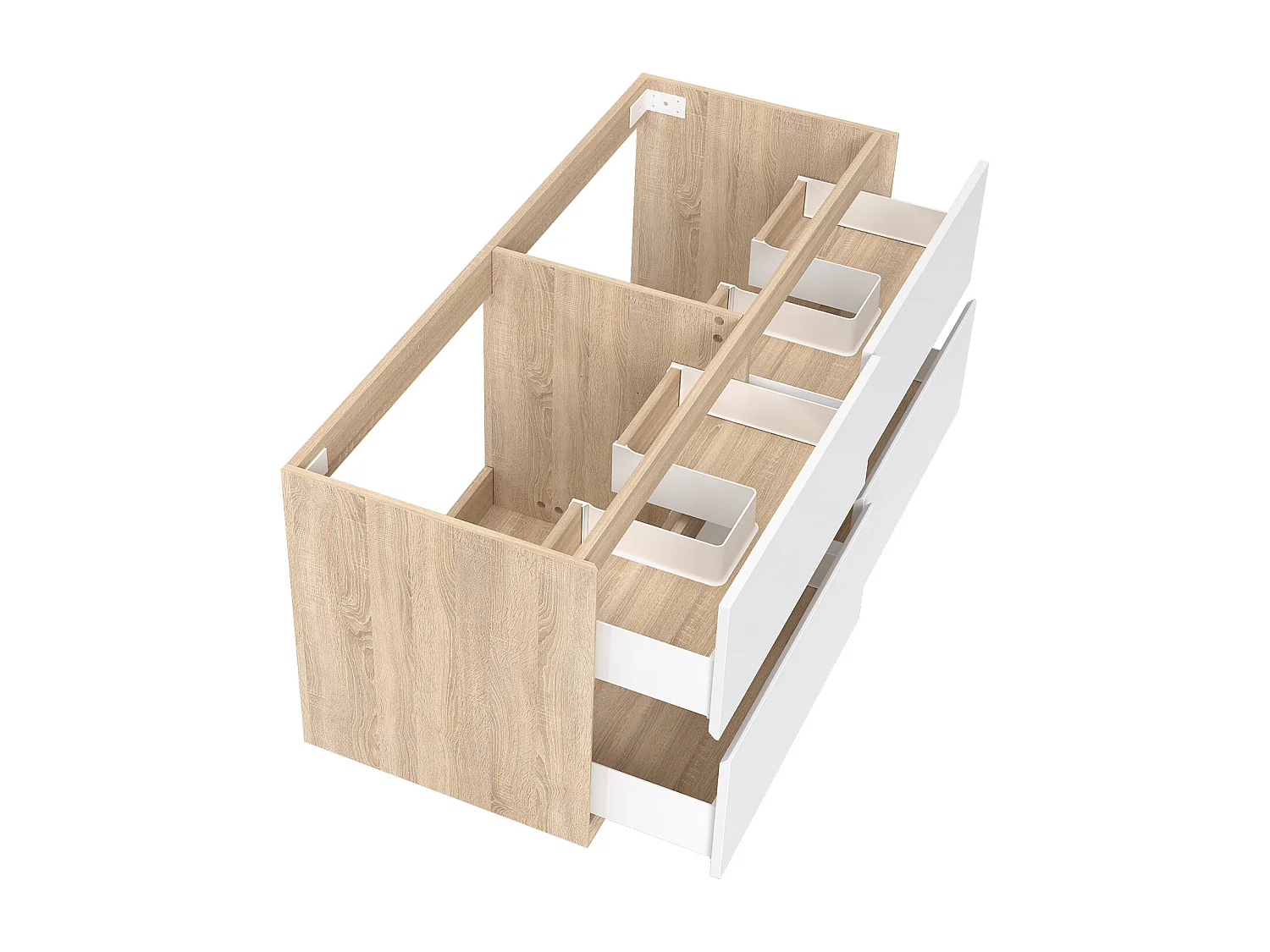 AICA SARL. Meuble sous vasque suspendu 120 cm + 4 tiroirs, Blanc et Chêne, sans compter lavabo