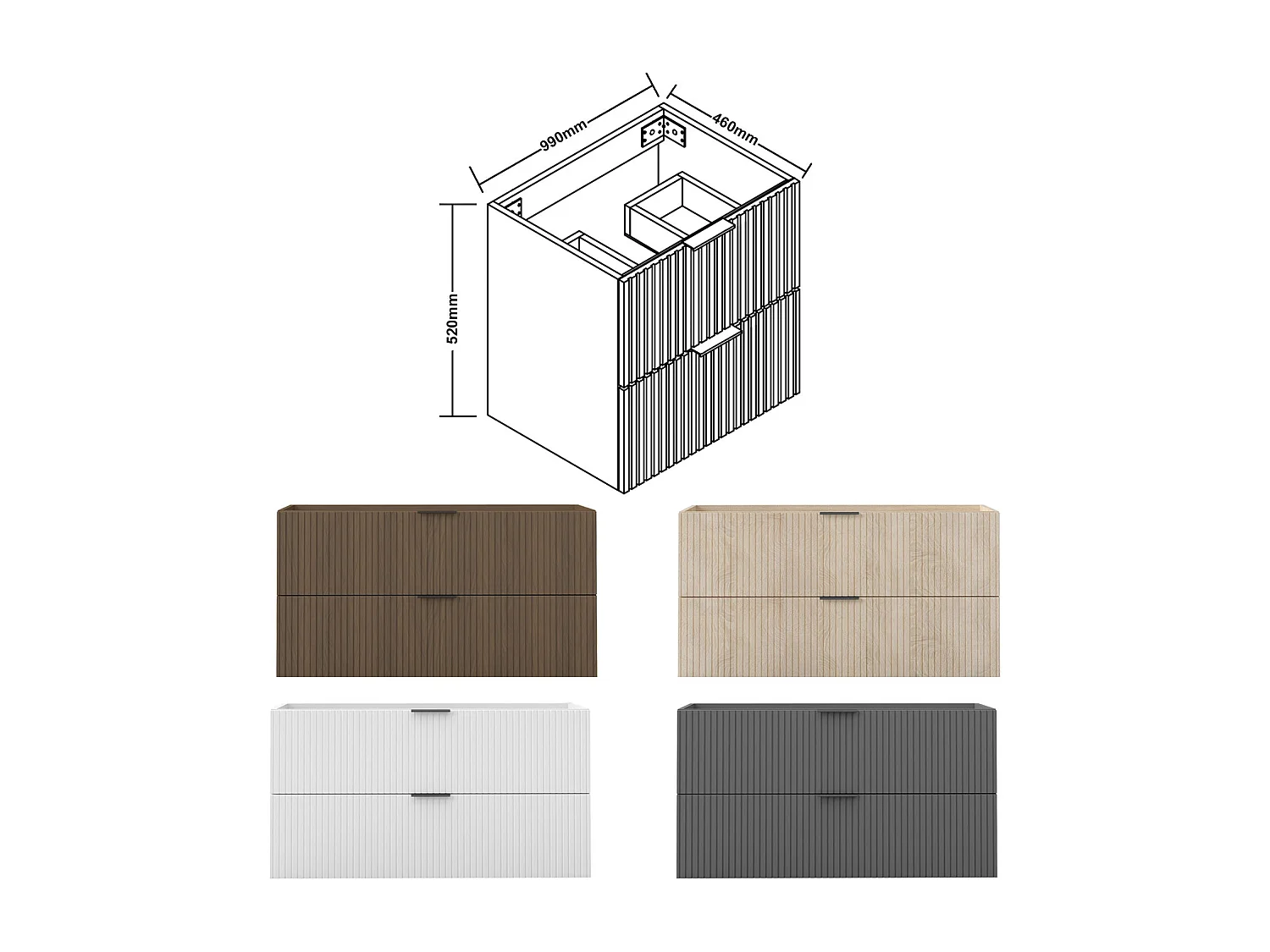 AICA SARL. Meuble de salle de bain suspendu 100 cm Noyer + 2 tiroirs, avec Poignées - sans compter vasque