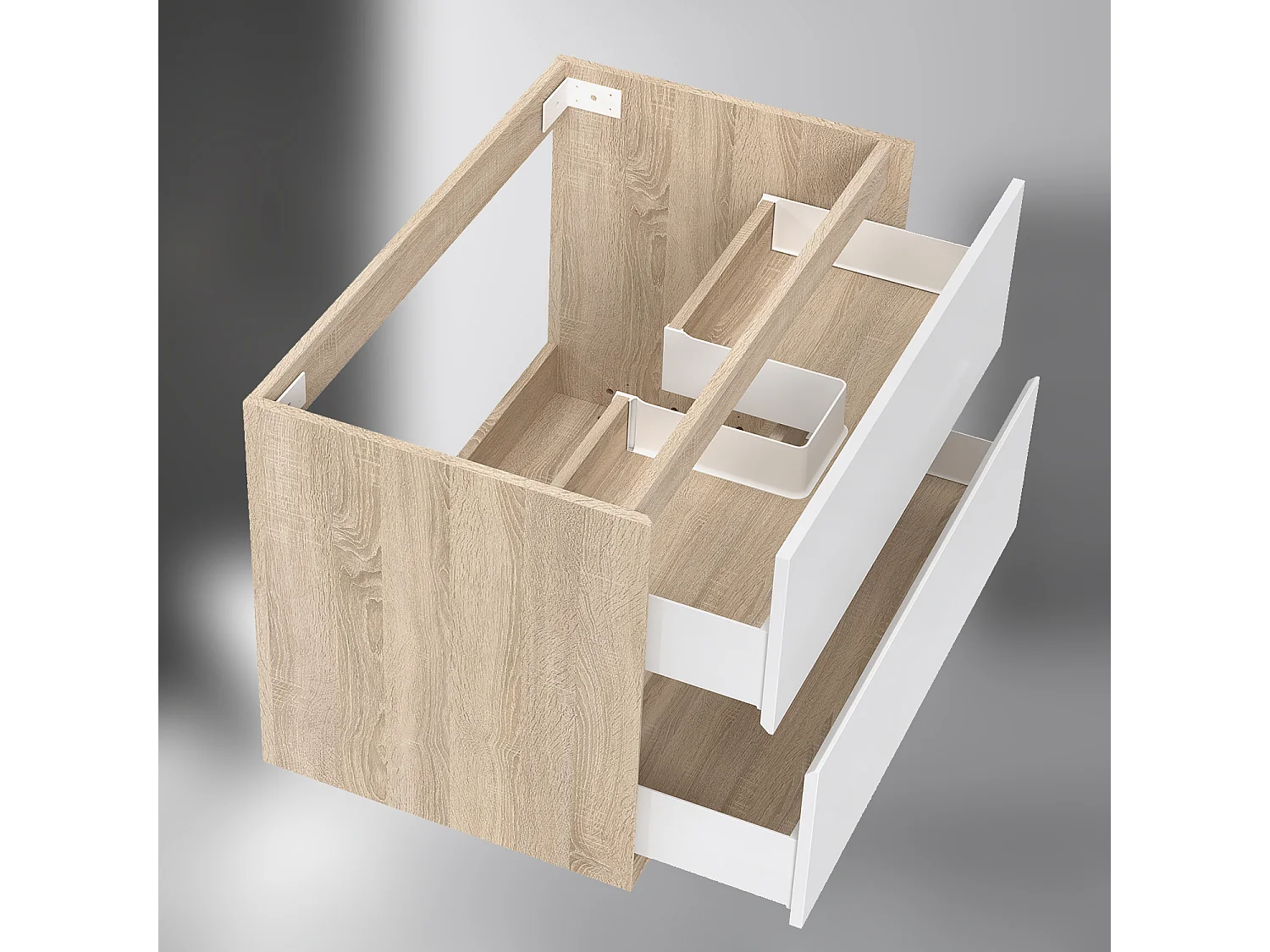 AICA SARL. Meuble sous vasque suspendu 80 cm + 2 tiroirs, Blanc et Chêne, sans compter lavabo