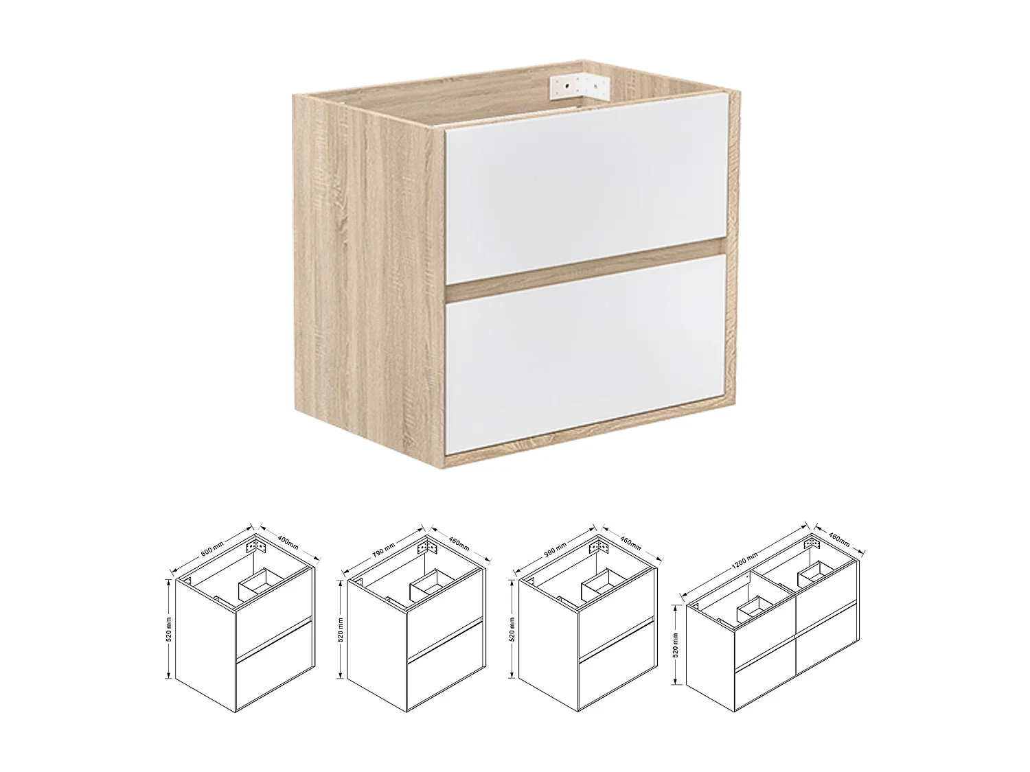 AICA SARL. Meuble sous vasque suspendu 80 cm + 2 tiroirs, Blanc et Chêne, sans compter lavabo