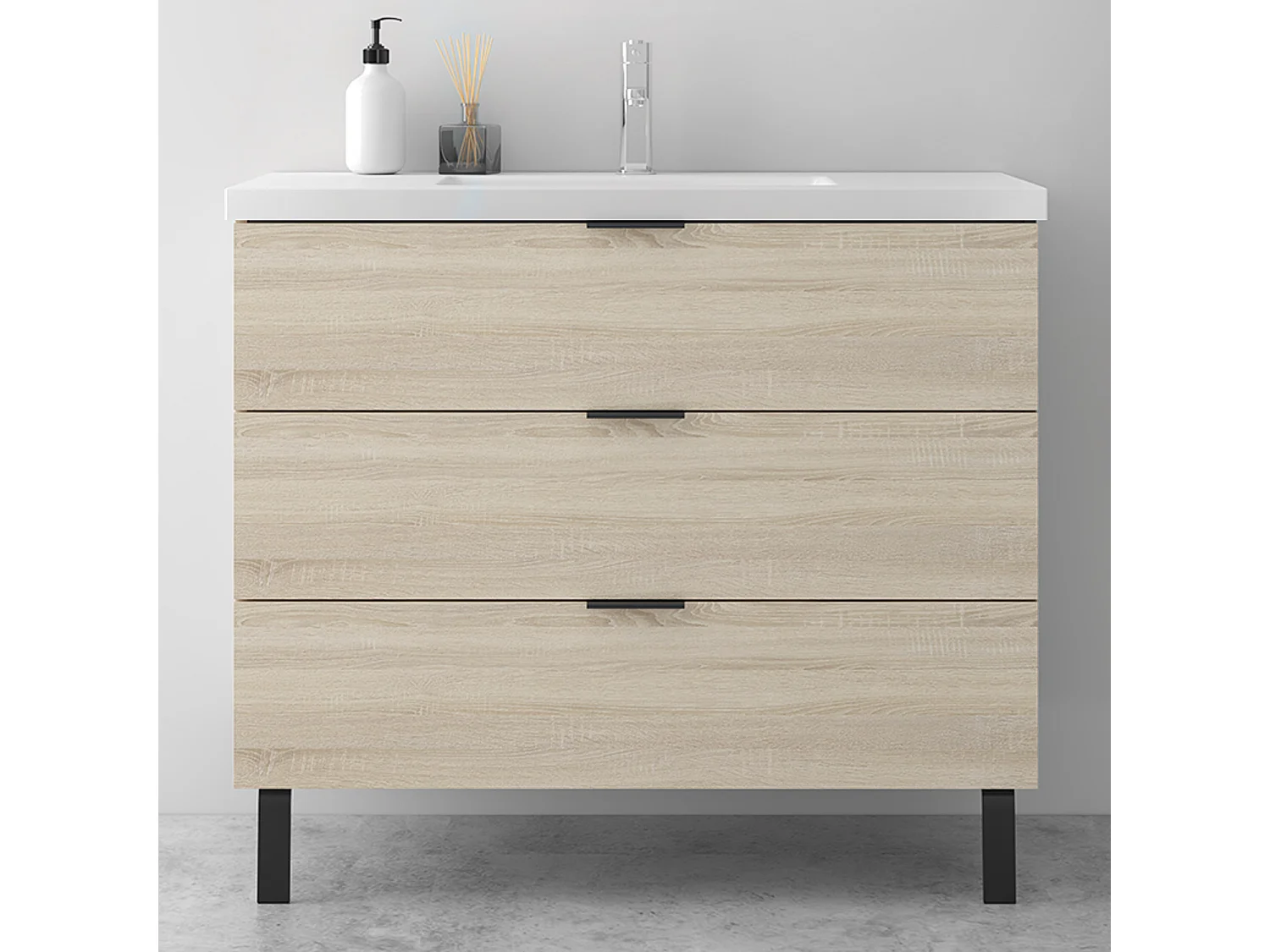 AICA SARL. Meuble de salle de bain mural avec pieds, sans lavabo, 100 cm, 3 tiroirs - Chêne