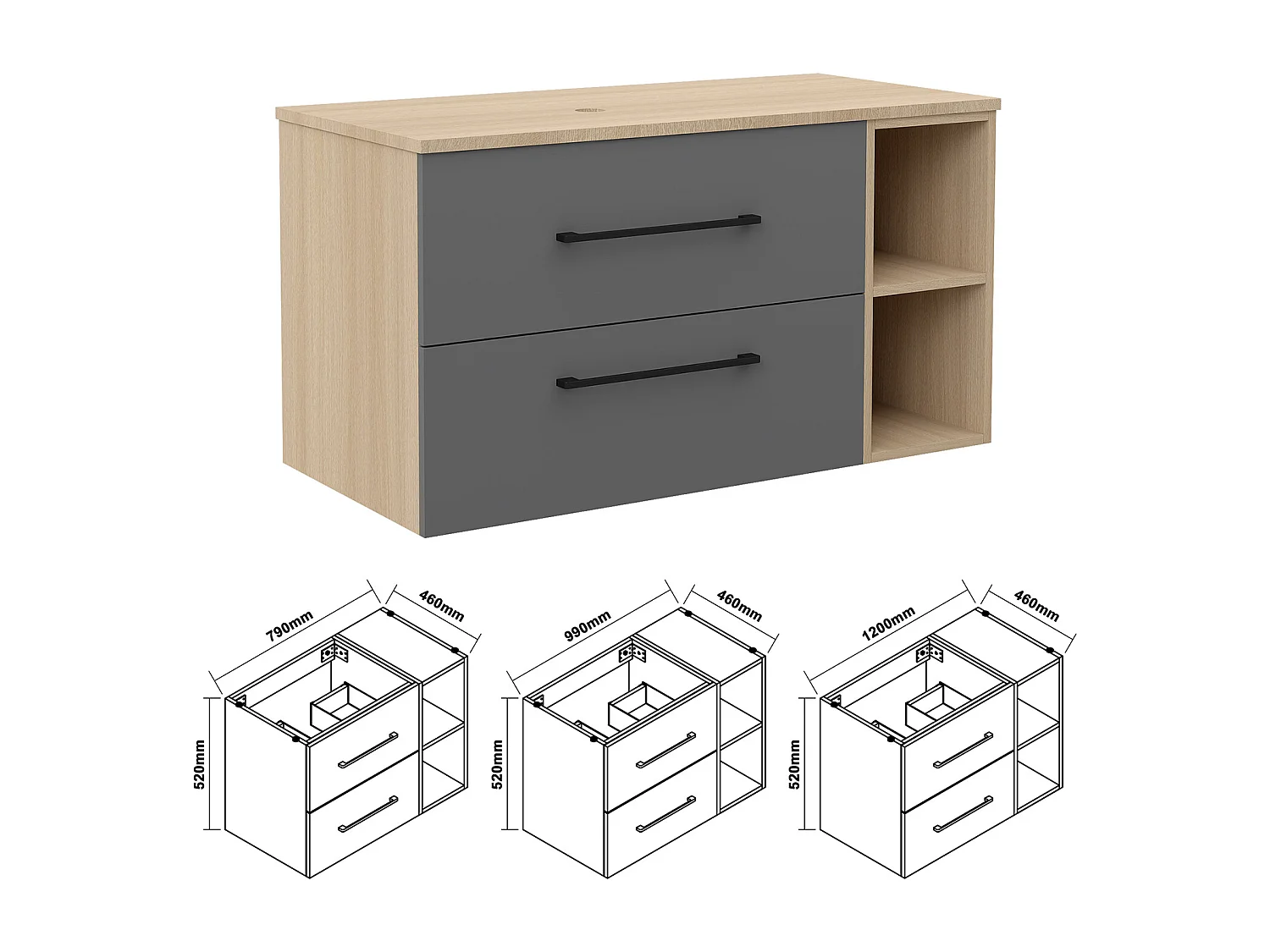 AICA SARL. Meuble de Salle de Bain suspendu, 2 Tiroirs + Rangements Ouverts, 100x46x52cm, Chêne + Anthracite, Sans Compter Vasque