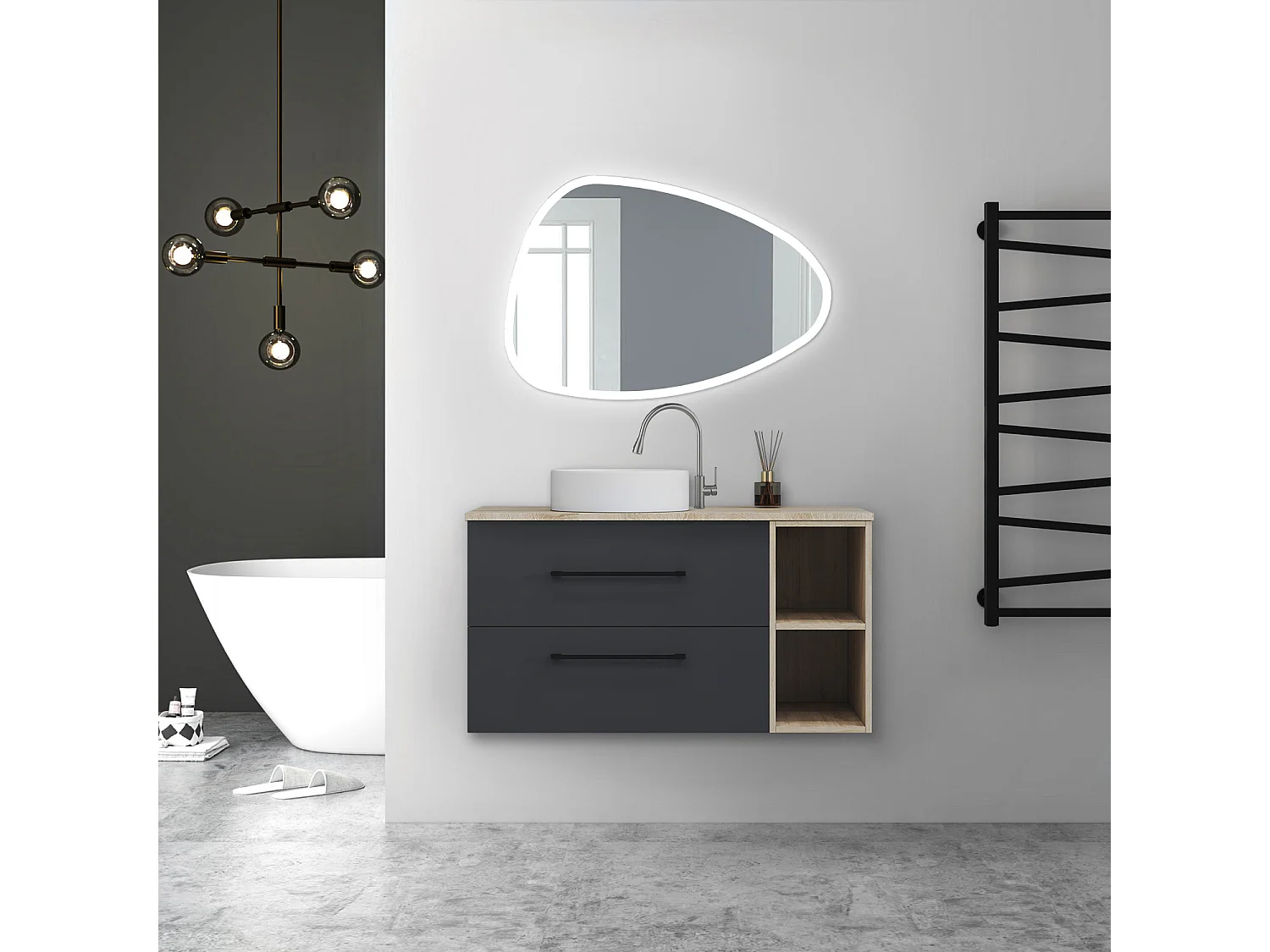 AICA SARL. Meuble de Salle de Bain suspendu, 2 Tiroirs + Rangements Ouverts, 100x46x52cm, Chêne + Anthracite, Sans Compter Vasque