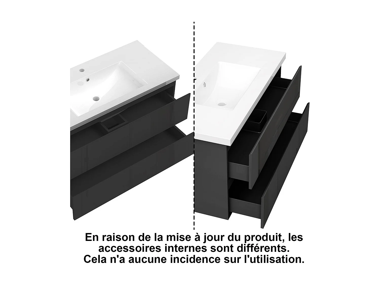 AICA SARL. Meuble de salle de bain design suspendu, 100 cm, 2 tiroirs de rangement sans lavabo - Noir brillant