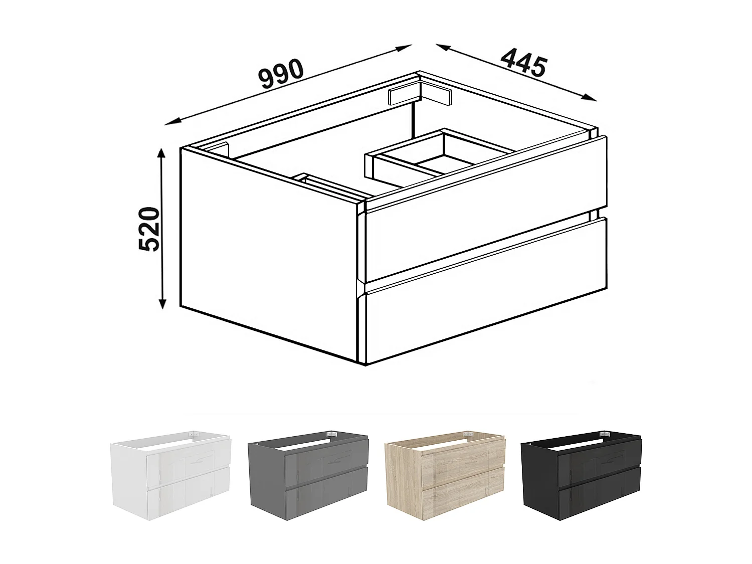 AICA SARL. Meuble de salle de bain design suspendu, 100 cm, 2 tiroirs de rangement sans lavabo - Noir brillant