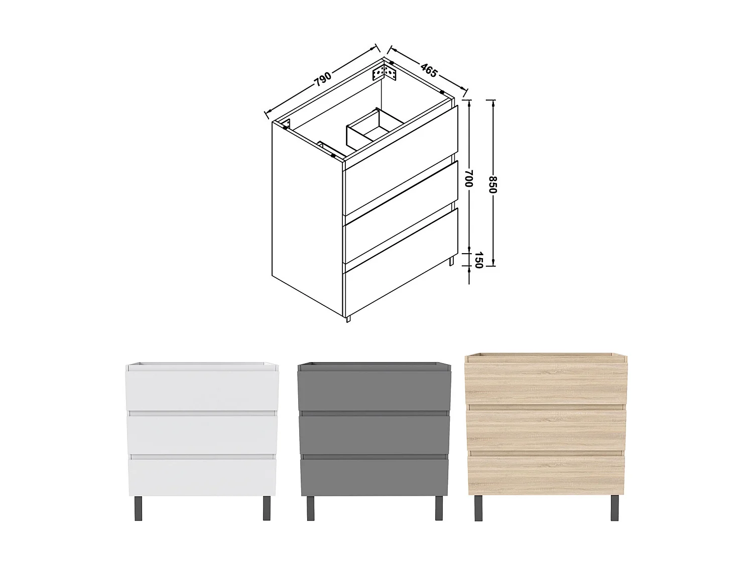 AICA SARL. Meuble de Salle de Bain 80cm avec 3 tiroirs + 2 Pieds, Meuble sans vasque, Blanc