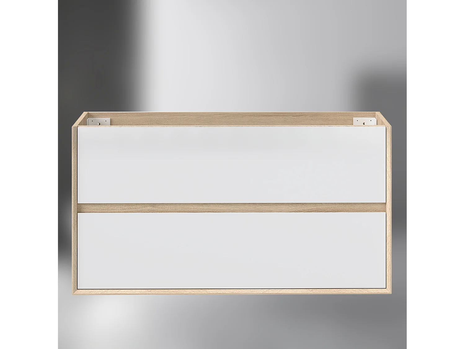 AICA SARL. Meuble sous vasque suspendu 100 cm + 2 tiroirs, Blanc et Chêne, sans compter lavabo