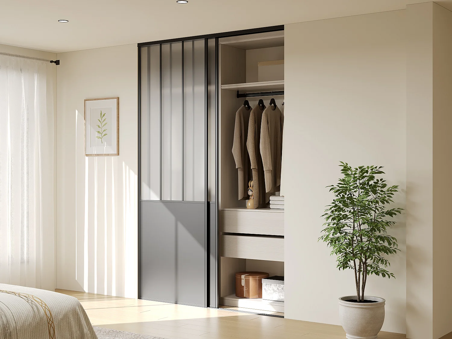 Portes de placard coulissantes en acier - Noir et verre trempé dépoli - H250 x L150 cm - BELASI